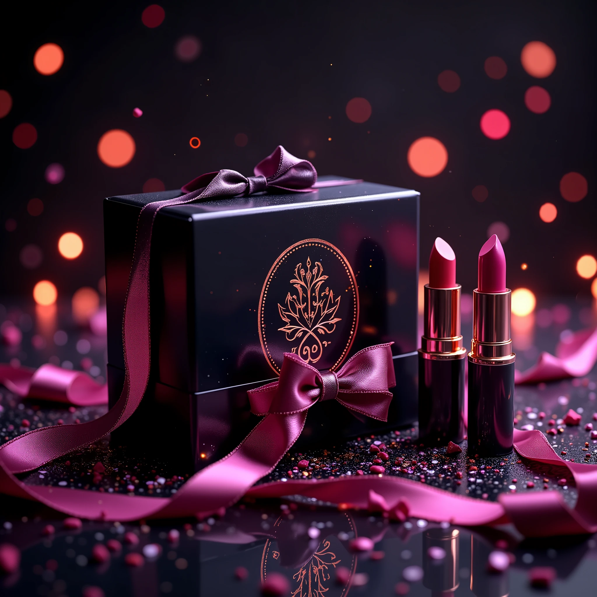 A luxury gift box with a glossy black surface and an embossed brand logo, wrapped with a silk ribbon that glows vibrantly. The high-end lipstick products feature a metallic paint finish with reflective highlights. Scattered decorative elements, including small colorful particles, add elegance to the scene. Subtle neon highlights outline the ribbons and lipstick, while soft luminous glow enhances the realism. Tiny sparkling particles surround the lipsticks, creating a sophisticated aura. Digital distortion effects add an avant-garde touch to the brand logo and reflections. The image is rendered in photorealism with airbrushing and glazing techniques for a hyper-detailed, high-resolution, and cinematic finish.