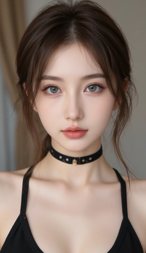 (highest quality, masterpiece:1.3, 超A high resolution), (Ultra-detailed, Caustics), (Photorealistic:1.4,RAW shooting,)Ultra-Realistic Capture,Very detailed,High resolution 16K, Close-up of human skin, The skin texture is natural, It must be detailed enough to be easily identifiable.。 Skin should look healthy and have an even tone。 Use natural light and color, restaurant, Waitress Uniform, 1 girl, Japanese, 18-year-old, cute, Mid-length hair, Large Breasts, smile, Turn your body forward, (View from the front:1.1), Looking into the camera, (Cowboy Shot),sight, focused on the chest, Brown Hair, Black choker, fluffy eyelashes, blue eyes, bangs