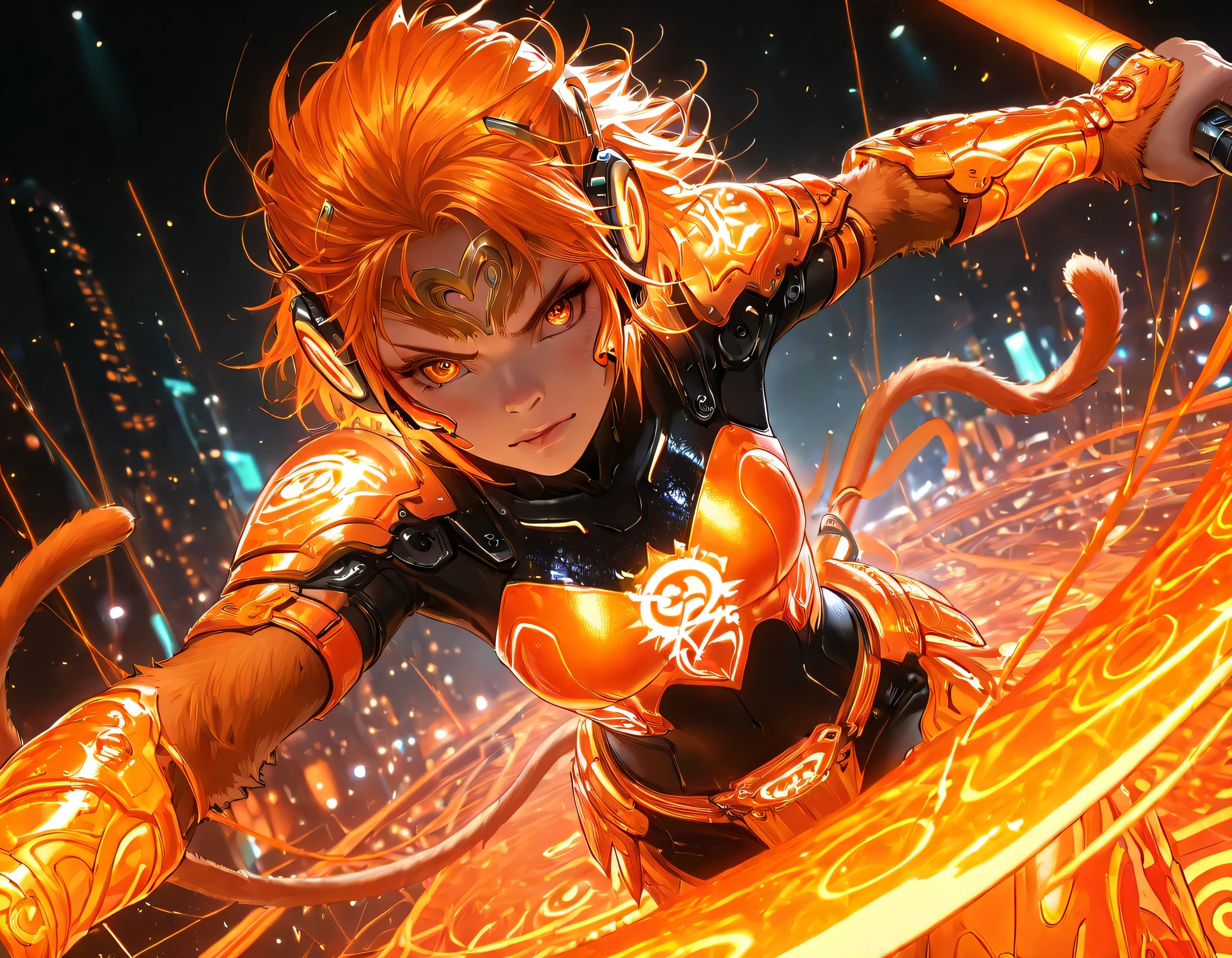 1girl, stylish, ((Depiction a girl in Monkey Zodiac)), ((Monkey Zodiac in cybernetic theme)), detailed facial features, expressive posture, intricate cybernetic enhancements, futuristic background, neon-lit cityscape, advanced technological elements, cinematic lighting, digital art,4K,8K,high resolution,masterpiece,ultra-detailed,realistic,photorealistic,photo-realistic,HDR,UHD,studio lighting,ultra-fine painting,sharp focus,physically-based rendering,extreme detail description,professional,vivid colors,bokeh, dynamic angle, dynamic view, dynamic fight pose, epic wallpaper,((Long Vibrant Neon Stick)),((Monkey warrior theme:1.5)), beautiful,(detailed face and eyes),((neon orange Color:1.5)),