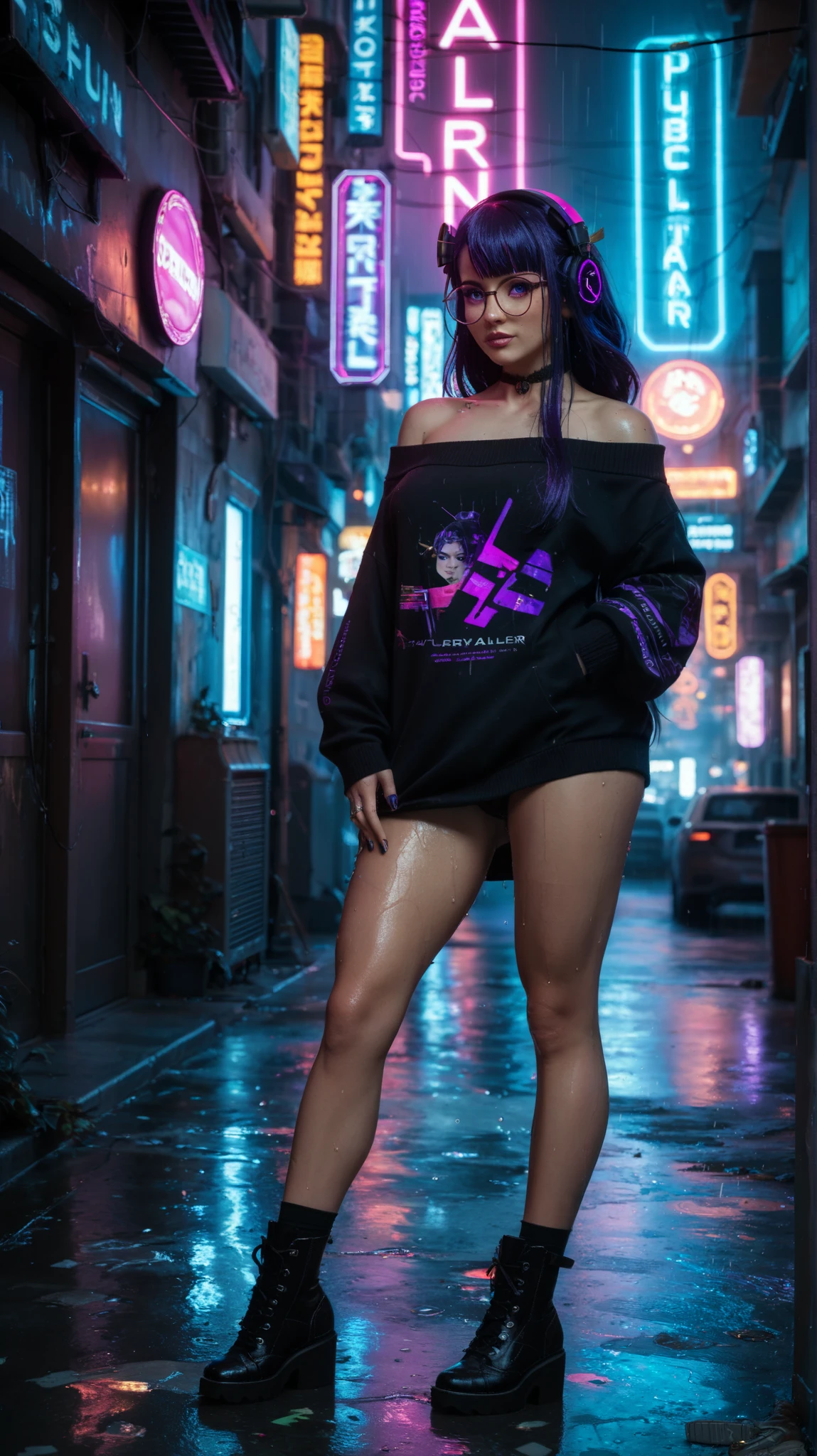 Raiden Shogun from Genshin Impact wearing an oversized black sweater, round glasses, and large futuristic black headphones. Her long, silky purple hair flows down her shoulders, illuminated by the neon glow of the cyberpunk city. She wears black ankle boots and walks confidently through a rain-soaked urban alley filled with neon signs and mysterious silhouettes in the distance. She holds a katana crackling with purple Electro energy, its glow reflecting on the wet pavement. The atmosphere is moody and cinematic, with a misty effect blending with the neon lights. The image is ultra-detailed, showcasing realistic textures of fabric, reflections on the wet ground, and atmospheric depth. Shot with a Sony A7R IV, 50mm f/1.2 lens, cyberpunk aesthetics, soft neon lighting, cinematic composition, dark and futuristic ambiance --ar 16:9 --v 6 --style raw --q 2 --s 750