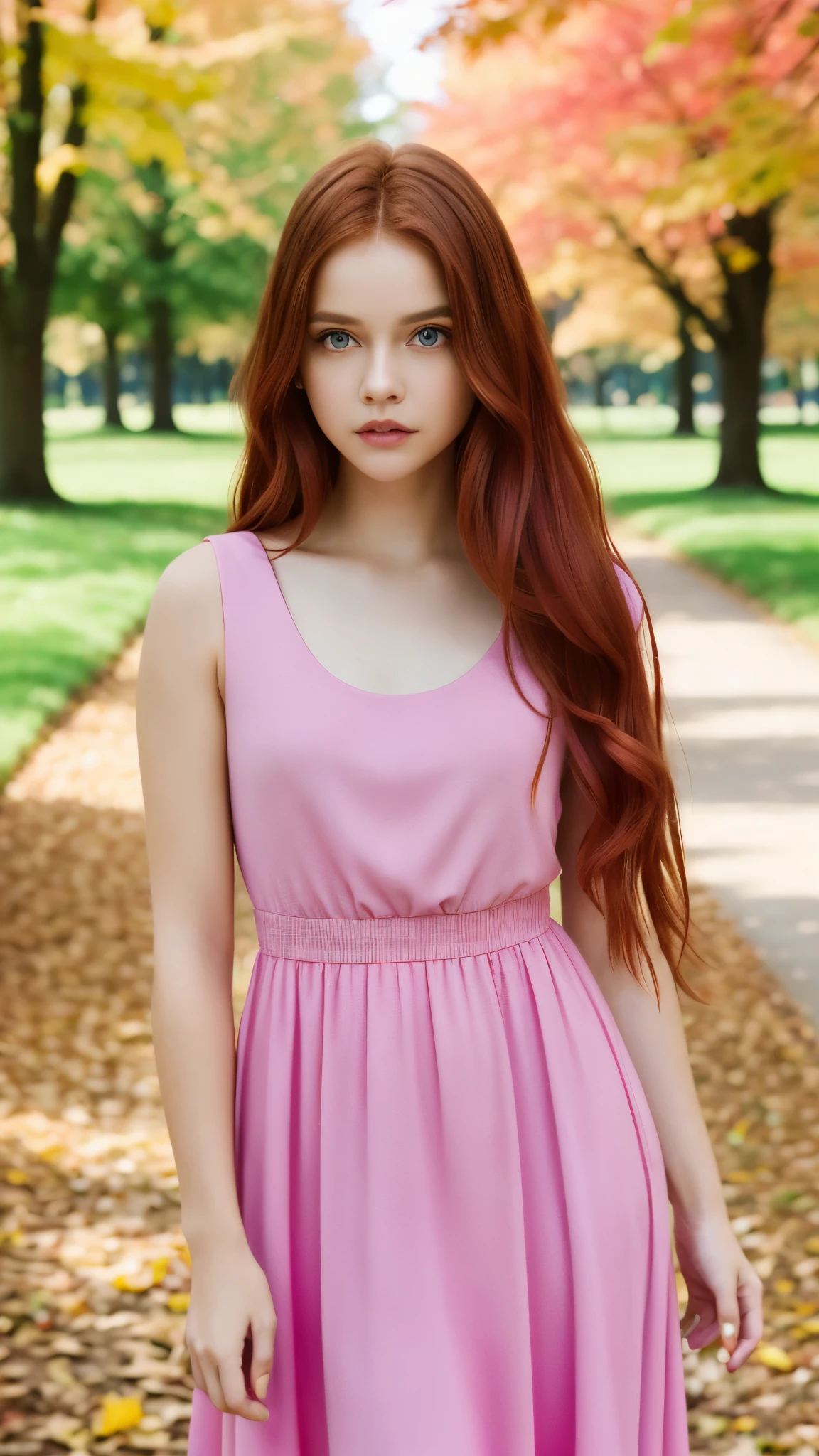 (Next portrait:1.2), barbpalv, a beautiful red-haired woman, perfect long hair , (usando Pink Dress), (city park, autumn:1.2), (analog, Cinematic camera, film grain), ((detailed eyes)), ( Color Image :1.1), Fujifilm XT3,
