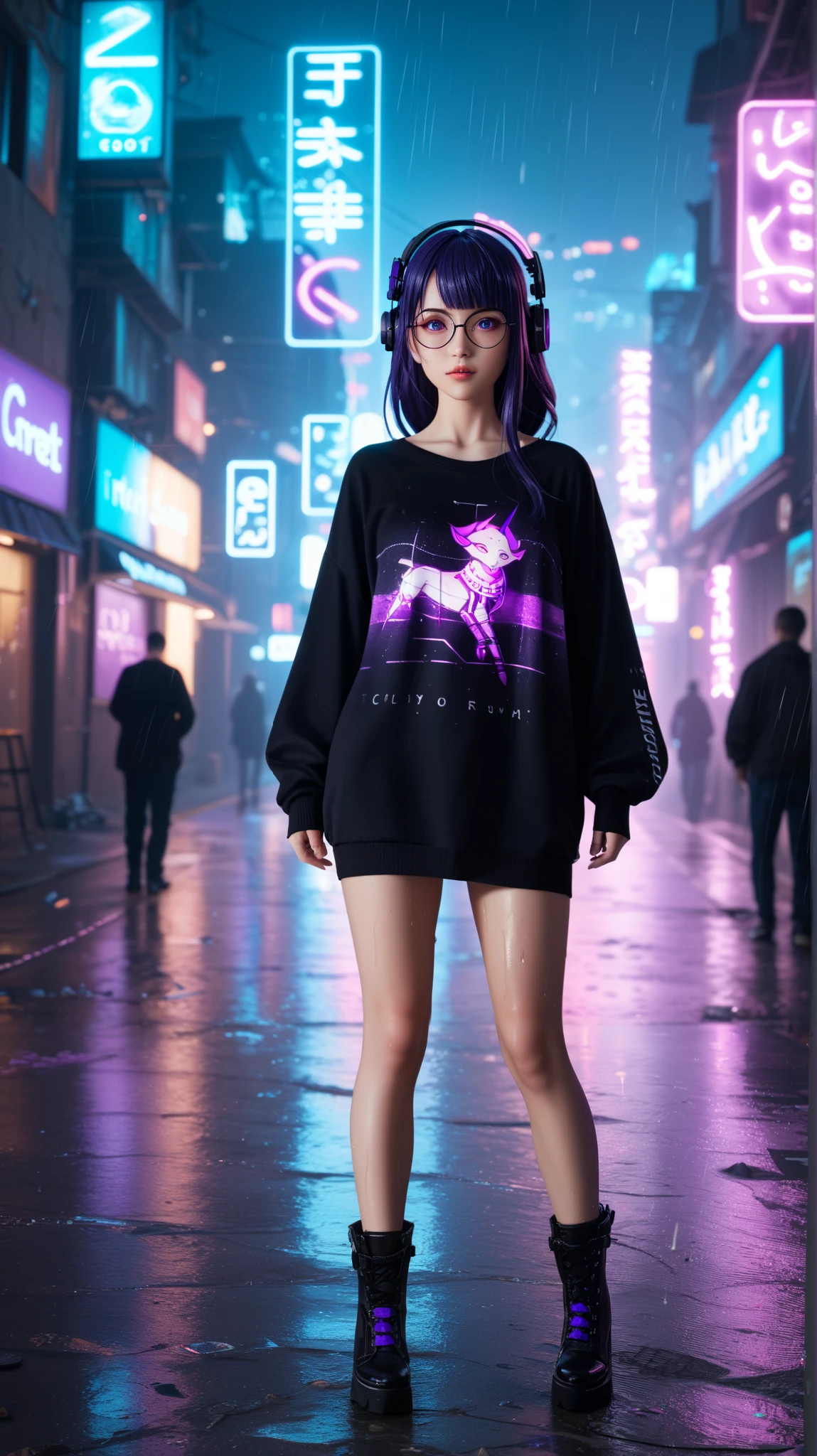 Raiden Shogun from Genshin Impact wearing an oversized black sweater, round glasses, and large futuristic black headphones. Her long, silky purple hair flows down her shoulders, illuminated by the neon glow of the cyberpunk city. She wears black ankle boots and walks confidently through a rain-soaked urban alley filled with neon signs and mysterious silhouettes in the distance. She holds a katana crackling with purple Electro energy, its glow reflecting on the wet pavement. The atmosphere is moody and cinematic, with a misty effect blending with the neon lights. The image is ultra-detailed, showcasing realistic textures of fabric, reflections on the wet ground, and atmospheric depth. Shot with a Sony A7R IV, 50mm f/1.2 lens, cyberpunk aesthetics, soft neon lighting, cinematic composition, dark and futuristic ambiance --ar 16:9 --v 6 --style raw --q 2 --s 750