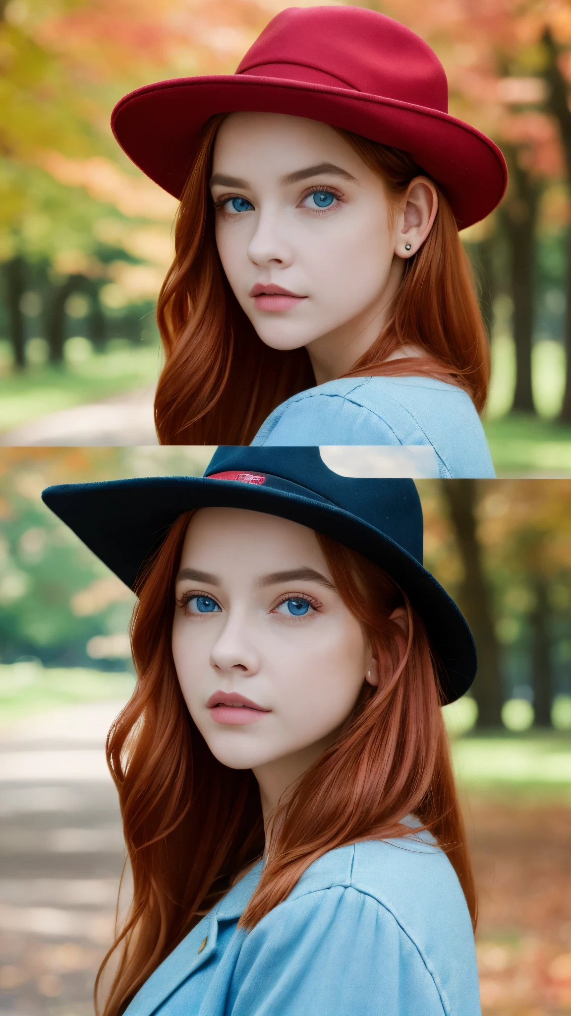 (Next portrait:1.2), barbpalv, a beautiful red-haired woman, perfect long hair , (Using hat), (city park, autumn:1.2), (analog, Cinematic camera, film grain), ((detailed eyes)), ( Color Image :1.1), Fujifilm XT3,