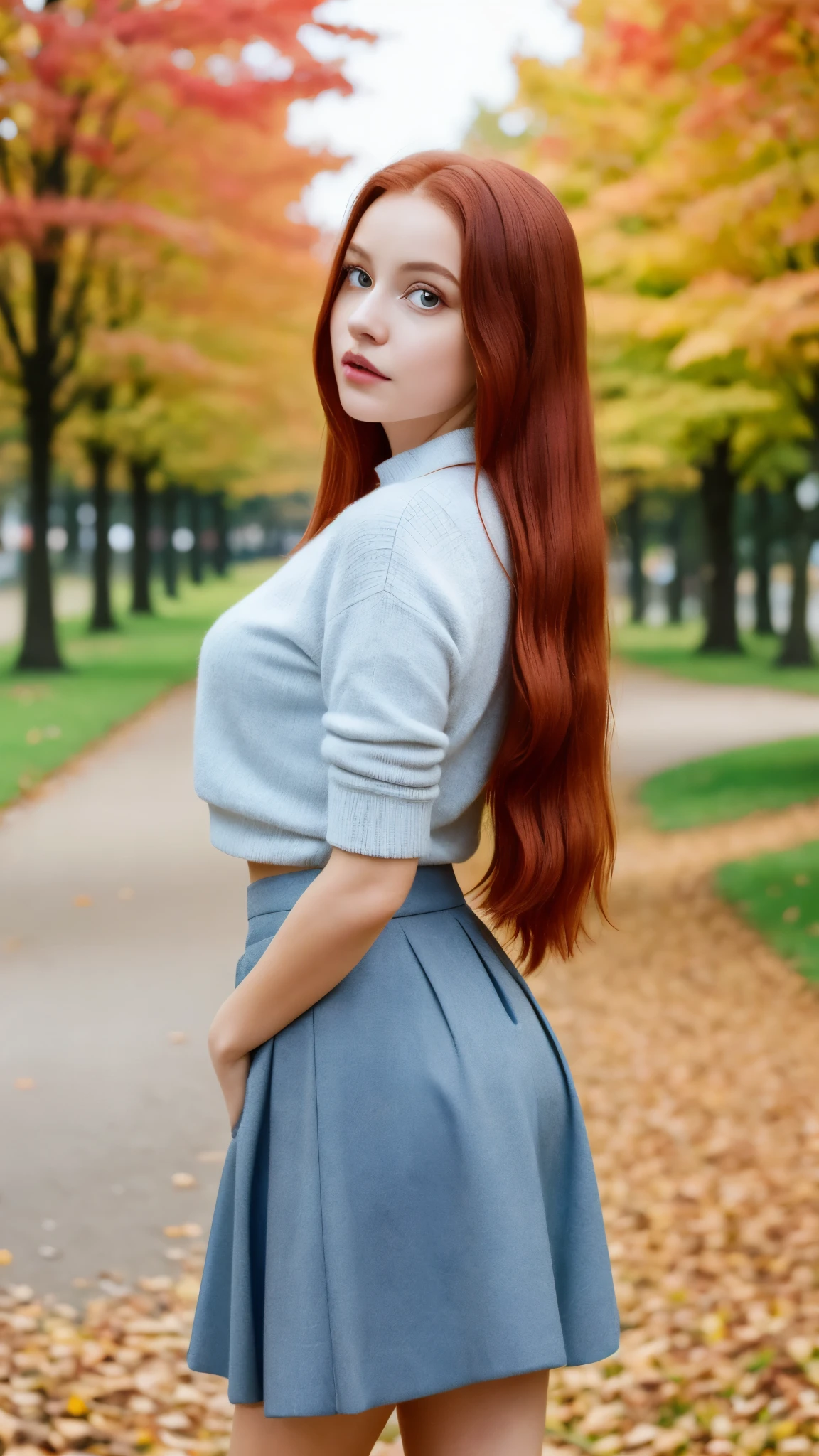 (Next portrait:1.2), barbpalv, a beautiful red-haired woman, perfect long hair , (usando Grey Skirt And Socks), (city park, autumn:1.2), (analog, Cinematic camera, film grain), ((detailed eyes)), ( Color Image :1.1), Fujifilm XT3,