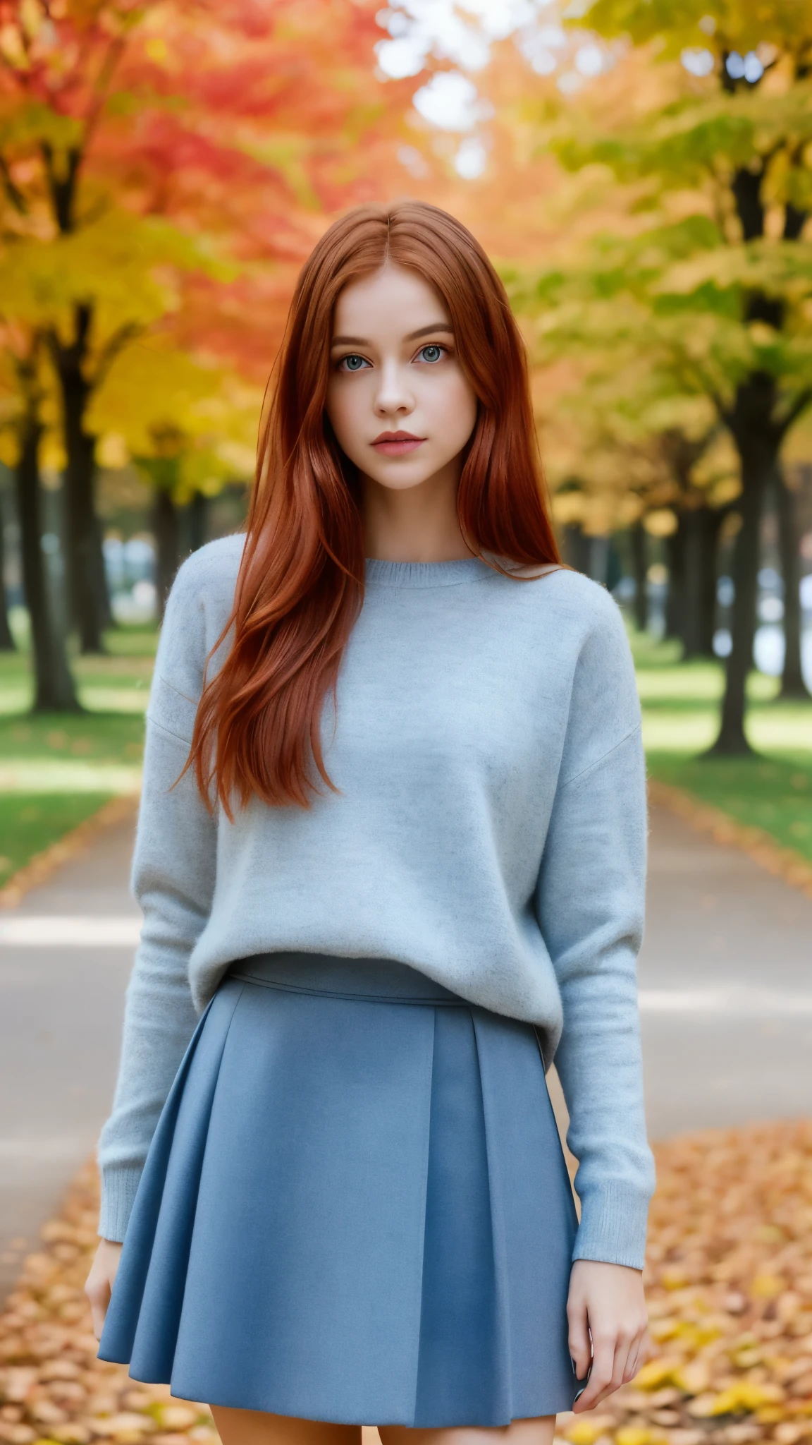 (Next portrait:1.2), barbpalv,  a beautiful red-haired woman,  perfect long hair , (usando Grey Skirt And  Socks), (city park, autumn:1.2),  (analog, Cinematic camera,   film grain), ((detailed eyes)), (  Color Image  :1.1), Fujifilm XT3,   