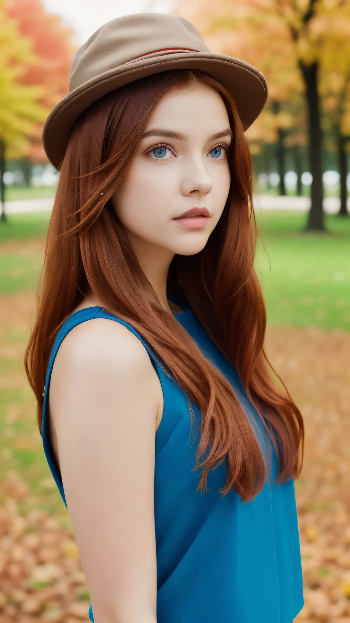 (Next portrait:1.2), barbpalv, a beautiful red-haired woman, perfect long hair , (Using hat), (city park, autumn:1.2), (analog, Cinematic camera, film grain), ((detailed eyes)), ( Color Image :1.1), Fujifilm XT3,