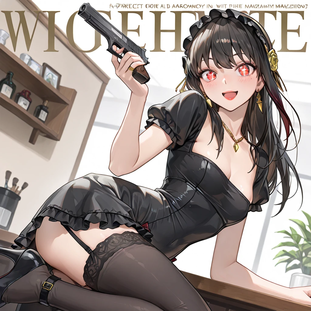 (small breasts:1.3), (perky chest:1.1), (pointed chest:1.0), (fashion magazine cover:1.3)，(from below:1.0),(from side:0.9),masterpiece, 1girl, Amazing Cleavage:1.1, thin waist, big ass, Raised sexy, small breast: 1.3, posed cleavage:1.2、solo, looking at viewer, open mouth, have a cute grass of cute beergrass,black hair, dark green eyes, dress, bare shoulders, jewelry, collarbone, sidelocks, hairband, earrings, indoors, off shoulder, :o, sweater, arms behind back, plant, short hair with long locks, gild hairband, off-shoulder dress, sweater dress, off-shoulder sweater, red sweater, dark gord hair, big side hair, very long side hair,is rendered in (masterpiece: 1.2, best quality), with (ultra high resolution) and an exquisite (depth of field). This masterpiece is not only visually stunning but also tells,A scene of cooking in the kitchen by classroom
