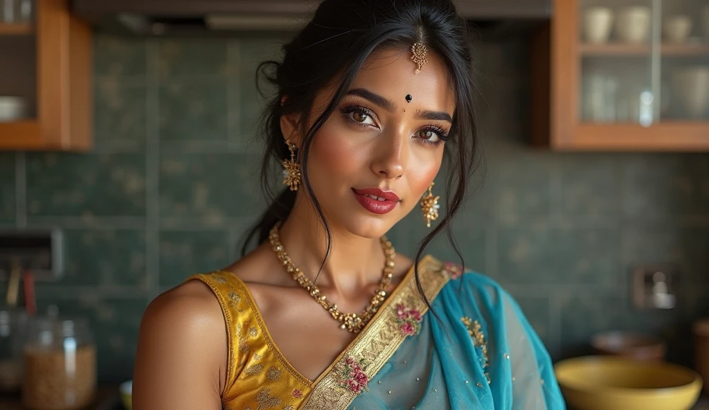 a close up of a woman wearing a red and orange sari, traditional beauty, assamese aesthetic, with lovely look, inspired by T. K. Padmini, traditional makeup, indian girl with brown skin, wearing a steampunk sari, with professional makeup, dressed in a sari, wearing bihu dress mekhela sador, indian, indian style, wearing a sari