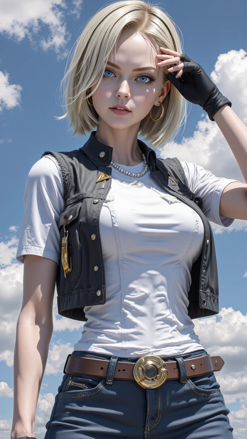 wide hips, flequillo de pelo, raidenshogun clothes, light blonde hair, punk girl, hair ribbon, brained hair, fine, shini skin, brown skin, 1 girl, dog ears, hair over eyes, hair over two eyes, huge hips, black messi shirt, very short shorts blue