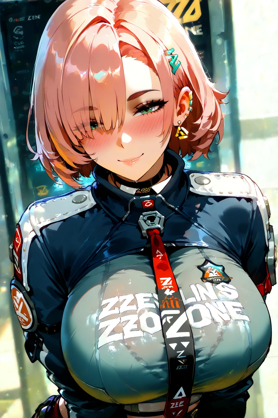 Best Quality, 4k, masterpiece, extremely detailed, High detail, 1 girl, Alone, peri, For the blue, hair over one eye, multicolor fur, two tails, pink hair, Red eyes, two tone hair, armor, smile, Burning city background ochako uraraka