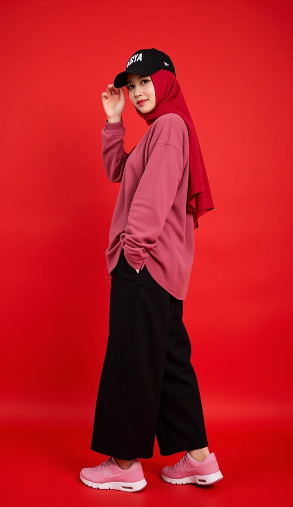 1 malay women in dark red hijab wearing big oversized long sleeve white Tshirt and a dark red cargo pants in a photography studio, cute pose, 8mm lens, close-up, pastel color grading, depth of field cinematography effect, film noir genre, 8k resolution, high quality, ultra detail,