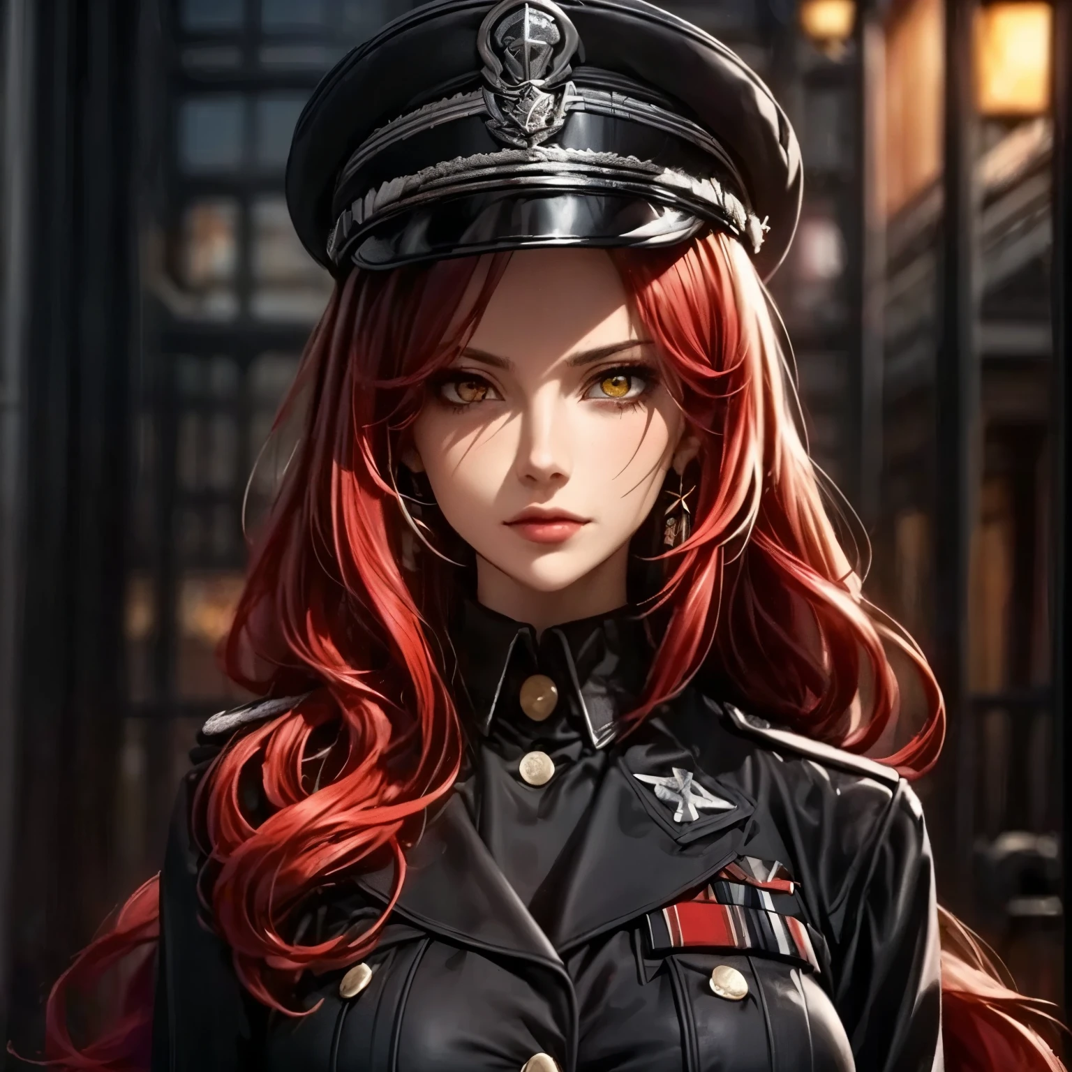((best quality)), ((Masterpiece)), ((Enrich the picture,Masterpiece level quality)), red hair, long hair, very big breasts, golden eyes, fierce woman, eyes details, best quality, RAW 4K, Realistically, ( cinematic lighting, moody, textile shading), perfect proportions, ultra detailed, volumetric lighting, soft lighting, glossy skin, beautiful face, Special face details, strong emotions, elegant gesture, Detailed facial features, Long eyelashes, contrast, great details, Incredible atmosphere, Fascinating setting, Haunting beauty, , (black military outfit , peaked cap) ,