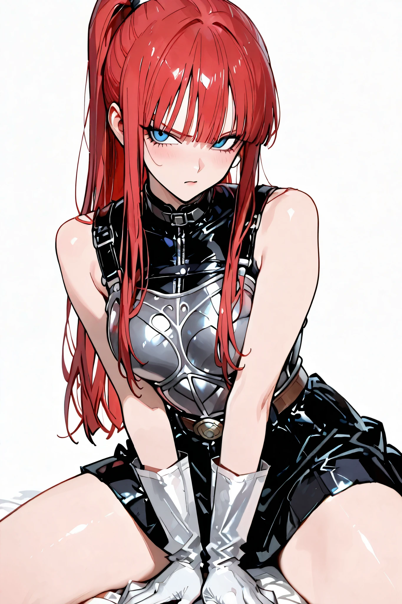female saiya, 1girl . anime,Bl3th3bn3_Styl3_SKNSFW,Gothic Woman Warrior, White background.,
(masterpiece, detailed:1.2)、Female ,cowboy shot,female warrior. red hair, Silver armor, Skirts, black sleeveless dress,. Bare shoulders., ponytail, belt、dragon ball、Movie anime quality. 748cmstyle, . Straight hair,,Combat Stance,. White gloves.blue eyes,Beautiful thighs.. Thick leather shoulder straps.