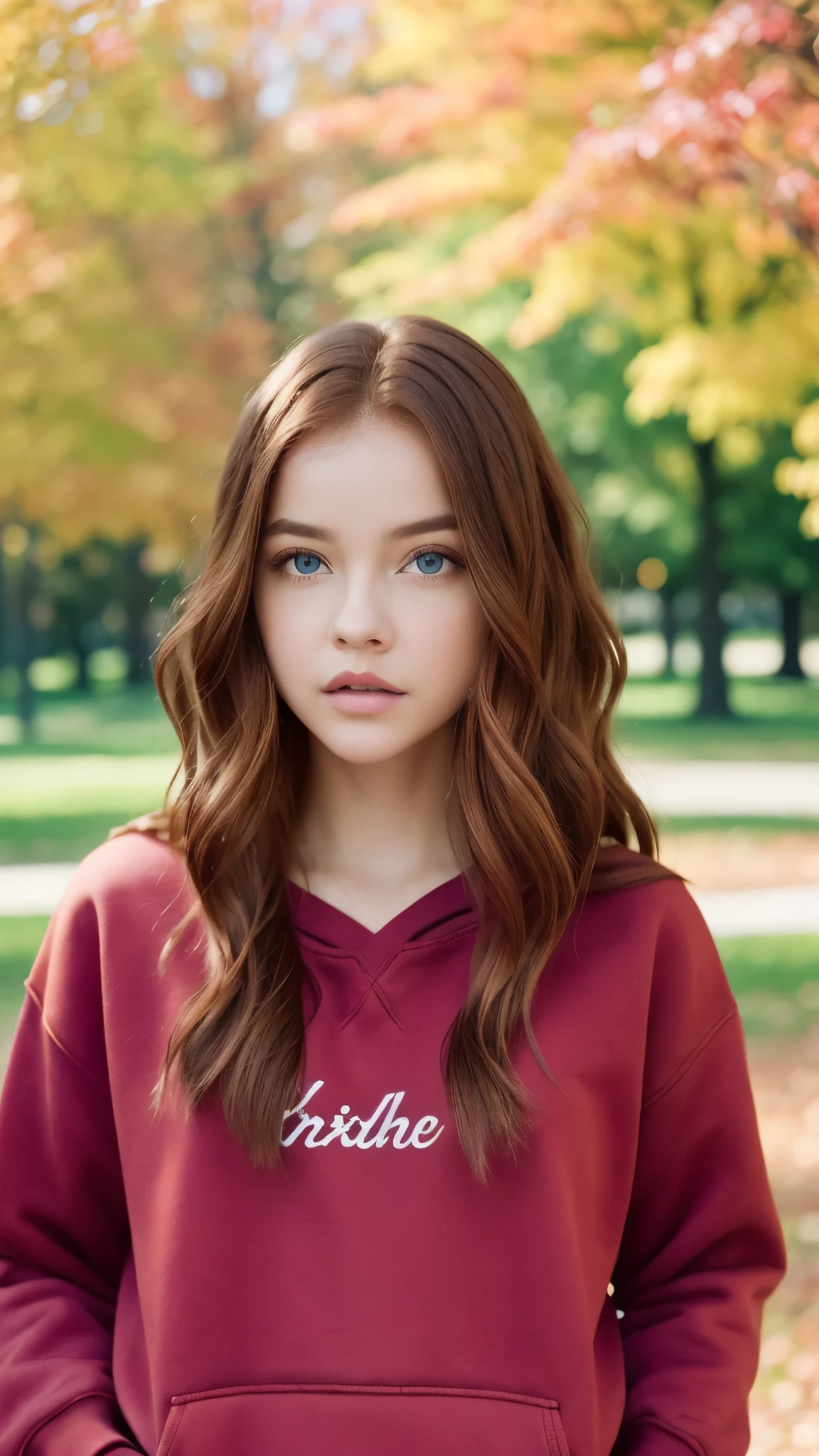 (Next portrait:1.2), barbpalv, a beautiful red-haired woman, perfect long hair , (Using Red Sweatshirt), (city park, autumn:1.2), (analog, Cinematic camera, film grain), ((detailed eyes)), ( Color Image :1.1), Fujifilm XT3,