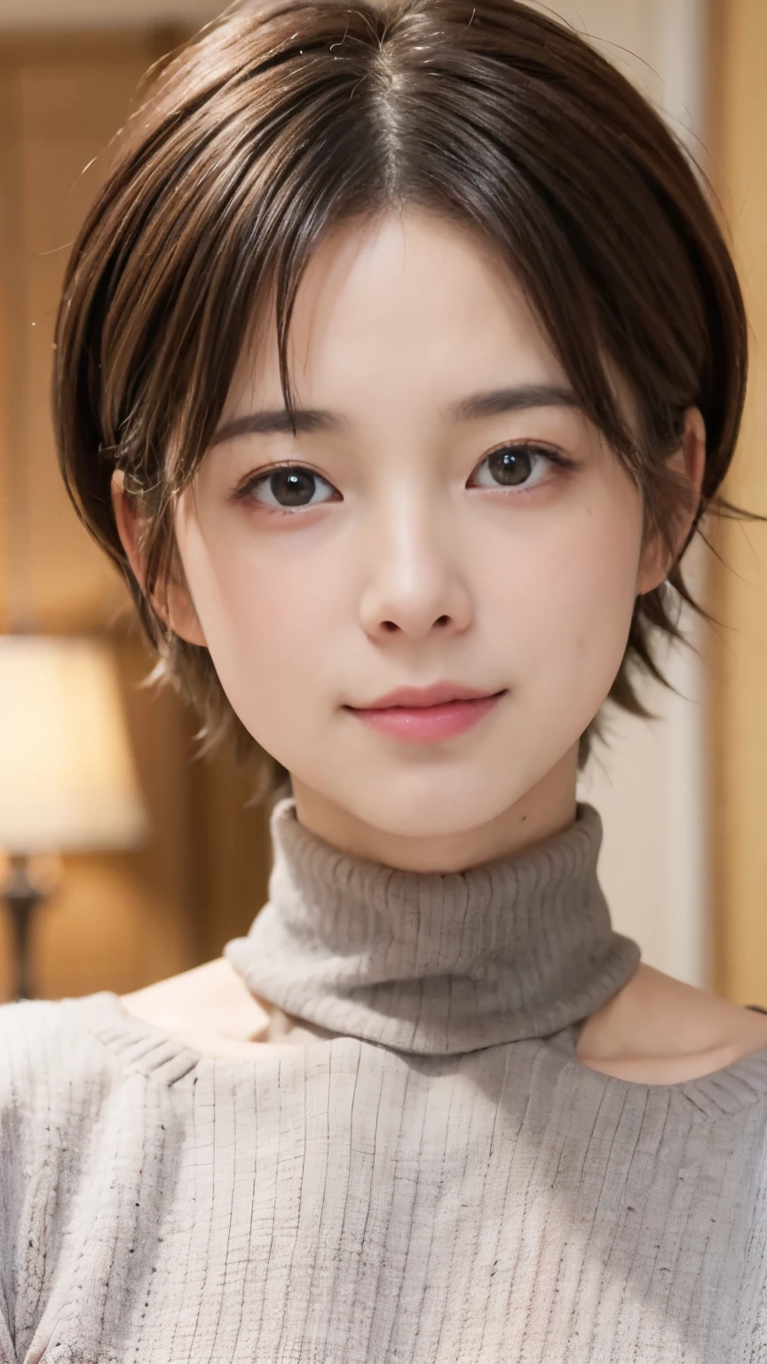 best quality,masterpiece, Ultra High Resolution,high resolution RAW color photos, Professional Photos , natural skin texture, fine skin, hyperrealism, Japanese woman,( short hair,Grey Turtlenecks)