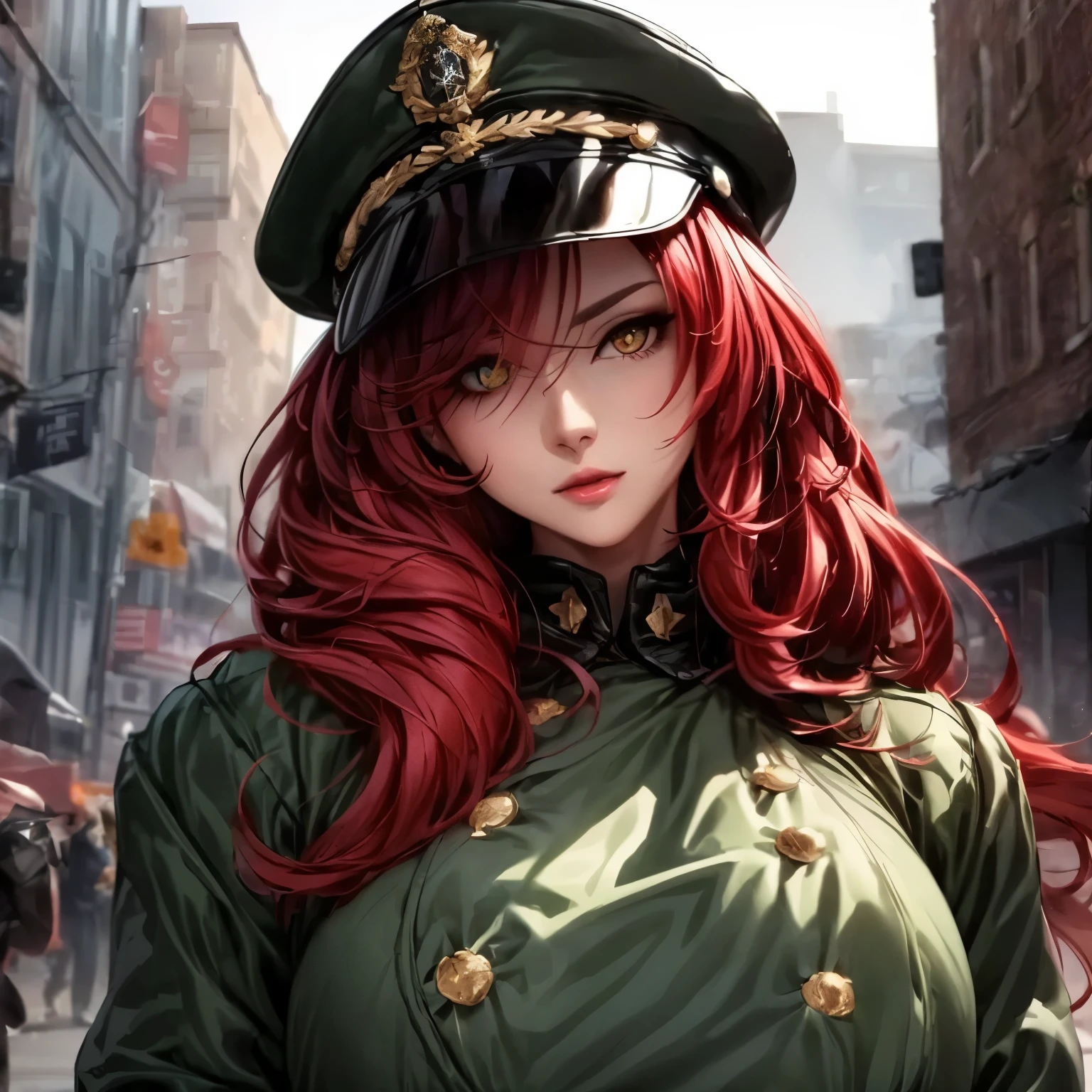 ((best quality)), ((Masterpiece)), ((Enrich the picture,Masterpiece level quality)), red hair, long hair, very big breasts, golden eyes, fierce woman, eyes details, best quality, RAW 4K, Realistically, ( cinematic lighting, moody, textile shading), perfect proportions, ultra detailed, volumetric lighting, soft lighting, glossy skin, beautiful face, Special face details, strong emotions, elegant gesture, Detailed facial features, Long eyelashes, contrast, great details, Incredible atmosphere, Fascinating setting, Haunting beauty, , (black military outfit , peaked cap) ,