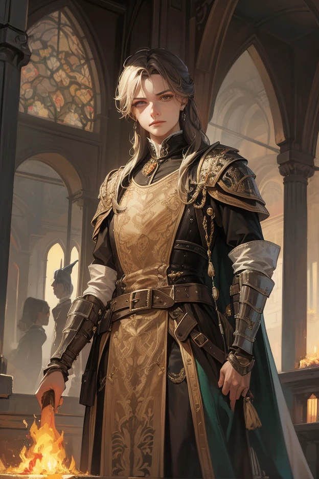 (masterpiece, top quality, shape, delicate details, 8k:1.2),(Highly Detailed CG Unity 8k Wallpaper), (top quality), (best illustrations), (shot by a professional photographer:1.2),(Best Shadow),  has realistic lighting, a historically rich and emotionally charged scene set in medieval Europe, depicting the harsh reality of book censorship. The central focus is a massive pile of books burning fiercely in the town square, their pages turning into ash as the flames consume knowledge, ideas, and history. The town square is filled with a diverse crowd of townspeople—men, women, and ren of various ages—watching the fire in silence. Their expressions range from indifference and resignation to quiet fear, symbolizing the oppressive weight of authority. The town’s architecture reflects the medieval European aesthetic, with stone buildings, wooden carts, and banners displaying the emblem of the ruling power. Standing beside the roaring fire, a group of stern, heavily armored medieval guards, equipped with halberds and muskets, oversee the scene, ensuring no citizen dares to intervene. Their polished armor reflects the firelight, creating an ominous contrast between order and destruction. At the edge of the fire, a figure resembling Leonardo da Vinci, dressed in a long robe with intricate patterns, a cap , and a satchel filled with sketches and manuscripts, reaches out toward the flames, attempting to save the burning books. His face is filled with desperation, pain, and defiance—a man witnessing the destruction of human knowledge. Before he can act, two guards seize him, their grips firm and unwavering. One of them, with a cold, emotionless expression, presses a musket against Leonardo’s , threatening him with execution if he resists further. The moment is filled with tension and despair, symbolizing the ruthless suppression of intellectual freedom.