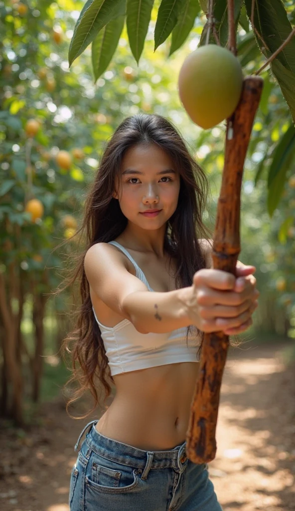 young woman in pink bikini reaching for fruit from a tree, slightly dark skin, long hair, whole body, soft daylight