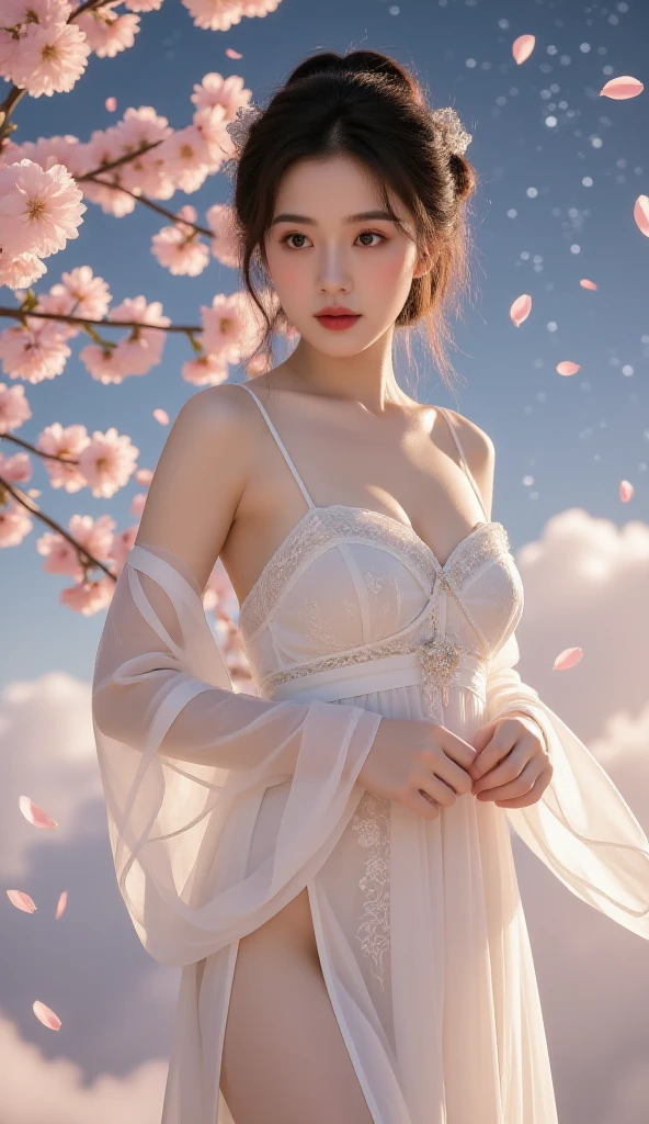 Wearing a white dress、Longing woman wearing a flower crown, Ethereal beauty, ethereal fairytale, Incredibly ethereal, Dreamy and ethereal, Very ethereal, Ethereal and dreamy, White Hanfu, a stunning young ethereal figure, Ethereal!!!!!!!, dreamy ethereal vibe, pale snow-white skin, Ethereal fantasy, ethereal details, Romantic dress, Ethereal!!!, fairy core, extremely beautiful and ethereal
