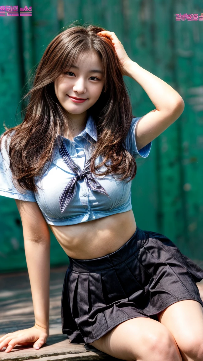 (a sexy,beautiful),long-haired Japanese girl,opening her legs,wearing a  uniform,with black hair,wearing white underwear,portraits,highres,vivid colors,soft lighting