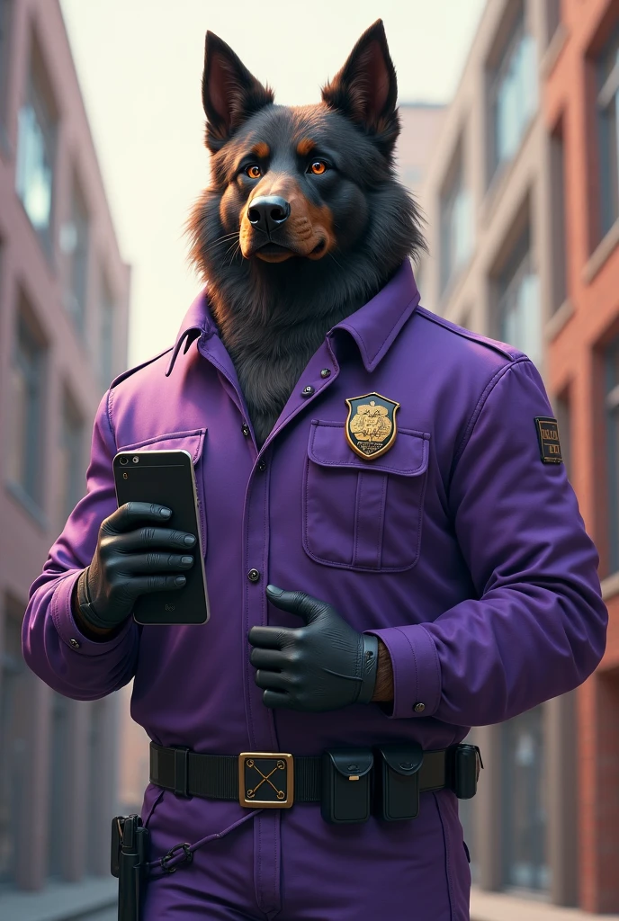 Create me a furry, tall male dog that wears a purple security guard uniform with an electronic tablet and that is a little serious (Let the furro's coat be dark brown)