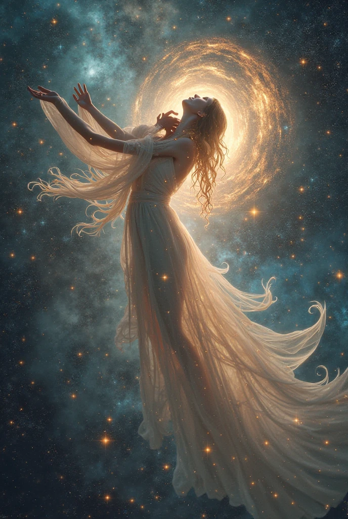 Skin naked white skinny girl. soars in space. unreal skinny long legs. Galaxy Magic, Magic flies to its full height .white nude full body paint. magick power