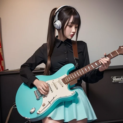 Enchanted woman holding an electric guitar　Perfect beauty　Very white skin　Beautiful eyes　Glossy lips　Sitting with legs kicked up　long-sleeveＴwearing a shirts　Stimulating　head phone　Inside the spacecraft