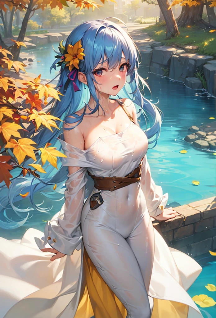 Kneeling, Dark blue hair, Cowboy shot, skinny, Full body shot, sexy, 1girl, pale skin, looking at viewer, medium breasts, praying, long hair, hair over forehead [blue hair|glowing hair:1.1], half-closed eyes, orange eyes, [glowing eyes|vivid eyes], smile, closed mouth, white pries clothing, grass, cliff, scenery, sea, sunset, cloudy sky,