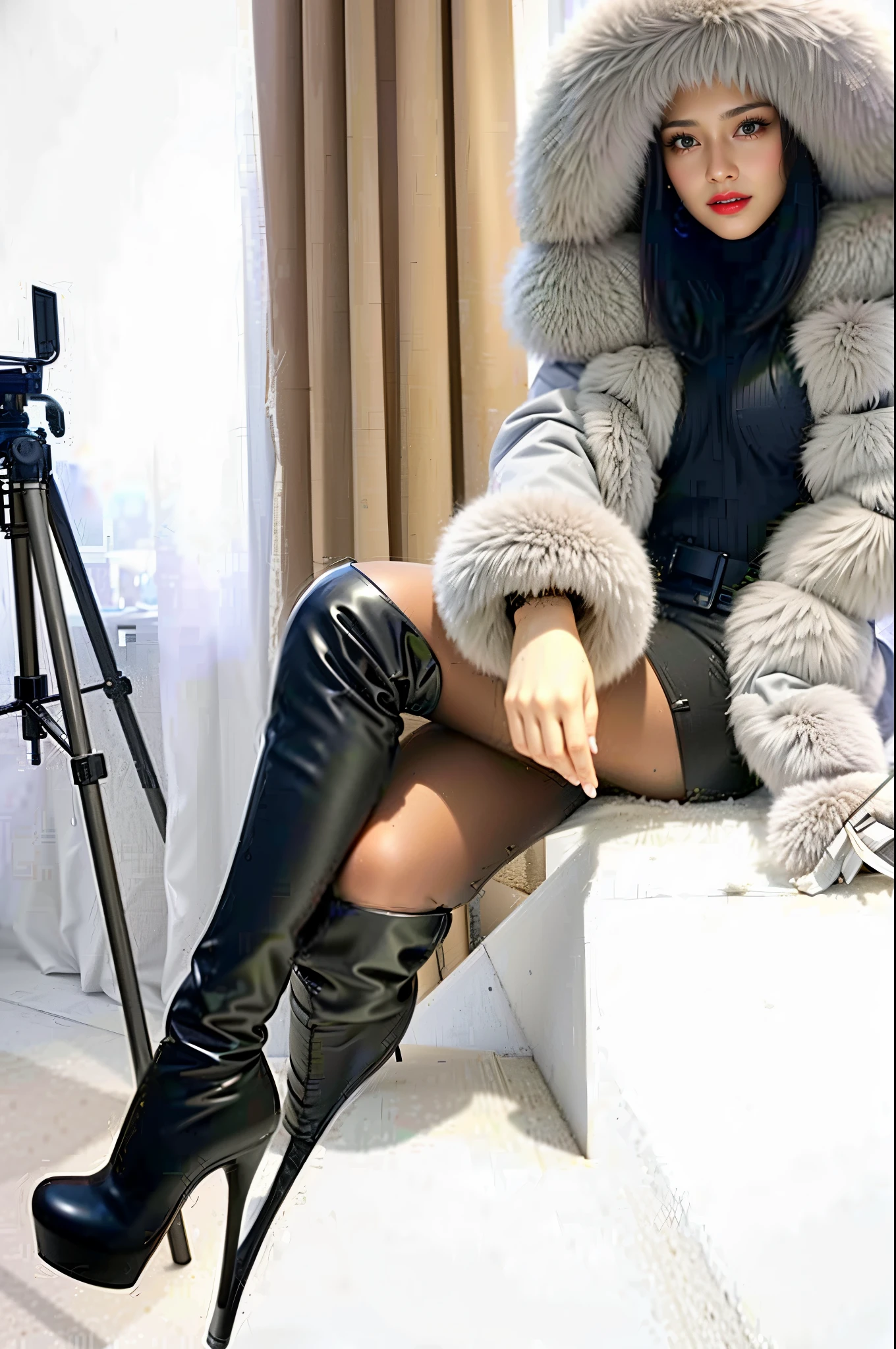 Woman wearing black boots and a fur coat sitting on a step - SeaArt AI