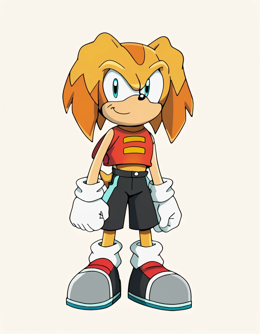 score_9, score_8_up, score_7_up, score_6_up, masterpiece, best quality, Mike the Dog, 1boy, solo, looking at viewer, smile, simple background, energetic design, looking cool, neet, wearing black shorts,, broad chest, thick legs, bearfoot, cartoony like design, closed mouth,  full body, , ,  sonic the hedgehog \(series\), 