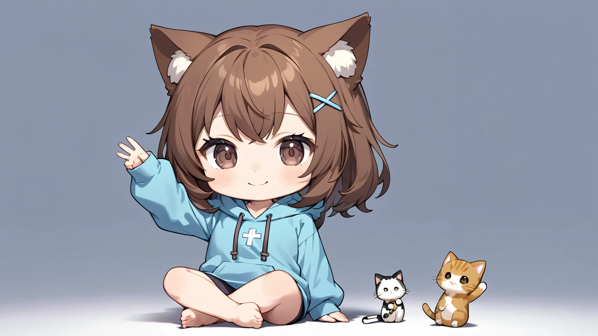 Anime Girl with Cat Ears, beautiful charming anime girl,Brown haired goddess, dark eyes, Light blue hoodie, alone, from the front, smile, chibi, ((sitting cross-legged)), ((sitting)), One arm raised up, simple background