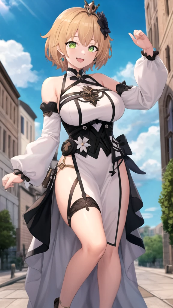 score_9, score_8_up, score_7_up, score_6_up, source anime,nero claudius \(bride\) \(fate\), nero claudius \(bride\) \(second ascension\) \(fate\), nero claudius \(fate\), 1girl, ahoge, ass visible through thighs, belt, blonde hair, breasts, bridal veil, chain, cleavage, cowboy shot, detached collar, detached sleeves, floral background, flower, garter straps, gloves, green eyes, hair intakes, leotard, lily \(flower\), lock, looking at viewer, medium breasts, short hair, smile, solo, standing, thighhighs, veil, white gloves, white leotard, white sleeves, white thighhighs, wreath, zipper, zipper pull tab, padlock, white flower, blush, closed mouth, puffy sleeves, thigh gap, bangs, hand up, long sleeves, bare shoulders, showgirl skirt, strapless leotard, strapless, full-length zipper, wide sleeves, large breasts,