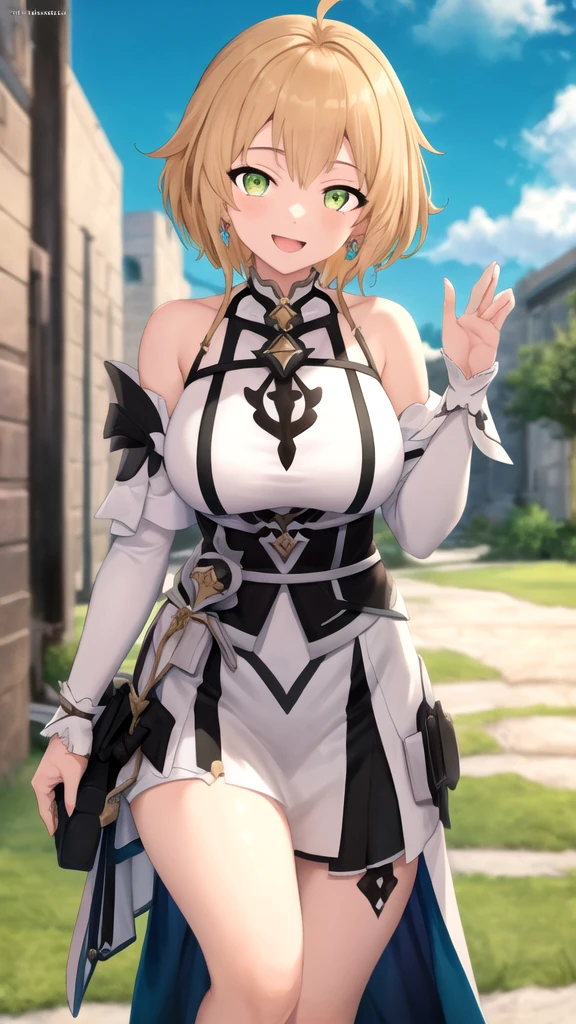 (masterpiece, best quality, very aesthetic, ultra detailed), intricate details, official style, anime, (azur lane:1.3), z23 (azur lane), 
z23, 1girl, solo, bangs, short hair, blue eyes, purple eyes, brown hair, light brown hair, hair between eyes, blush, smile, open mouth, 
hat, beret, hair bow, bow, ribbon, hat bow, , ,  shoulders, collarbone, gloves, dress, detached sleeves, shorts, sleeveless, socks, white gloves, black shorts, cross, bike shorts, black socks, red footwear, armband, iron cross, covered collarbone, 
cowboy shot, looking at viewer, outdoors, forest, outdoors, tree, sunlight, cloudy, bush, bushes, <lora:Z23_XL:1>,