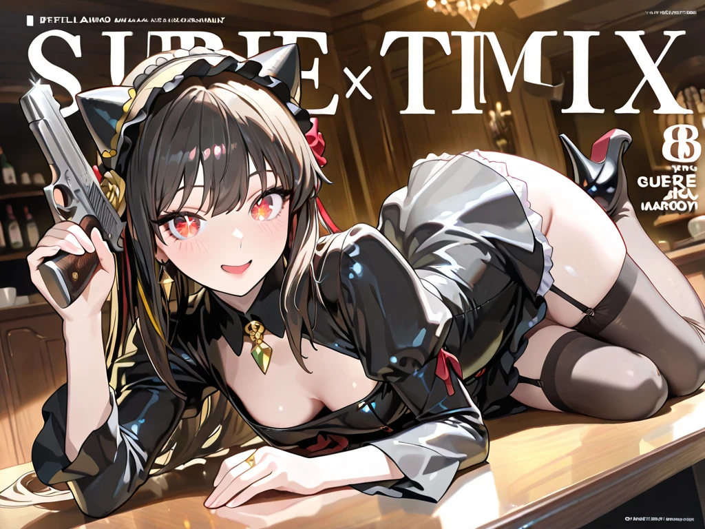 1 girl, small nose, very beautiful detailed face and eyes, bright colors, cute face, delicate beautiful face, Bright magenta eyes, cute eyes, sparkling eyes, Big eyes, (big breasts:1.3), (perky chest:1.1), (pointed chest:1.0), (cake magazine cover:1.3)，highest quality, WorKs of masters, High resolution,BlacK color hair，shiny hair, side ponytail,hair between eyes,bangs, (black jacket, real clothes, cleavage, black skirts, black thighhighs, thigh strap, fingerless gloves, single glove:1.2) , spread legs, panties shot, medium hips, glamorous body, white skin, smile, thin pubric hair, super beautiful face, Super beautiful eyes, Super beautiful hair，trendy outfit，sexy and attractive,full body esbian, Real World, Natural light,perfect Natural light,(with sparkling eyes and a contagious smile), This masterpiece is not only visually stunning but also tells, make of cake cooking , in the kitchen, open mouth, looking at viewer, 
