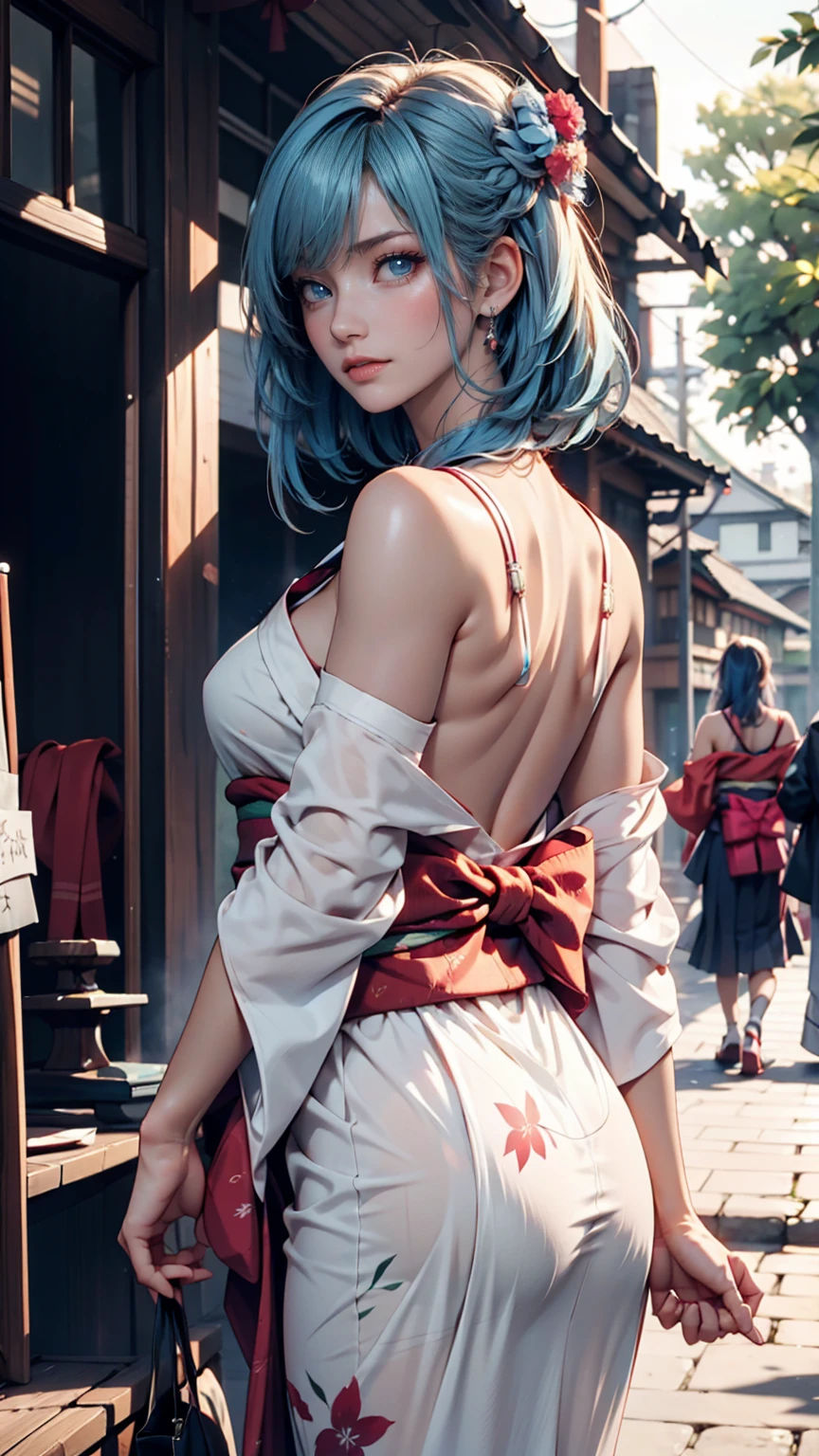 Anime High School Girl, Wear a sexy kimono, Short kimono, Bare arms, Bare back, Bare shoulder, Walking, Long hair, Light blue hair, look at viewr, Blue eyes