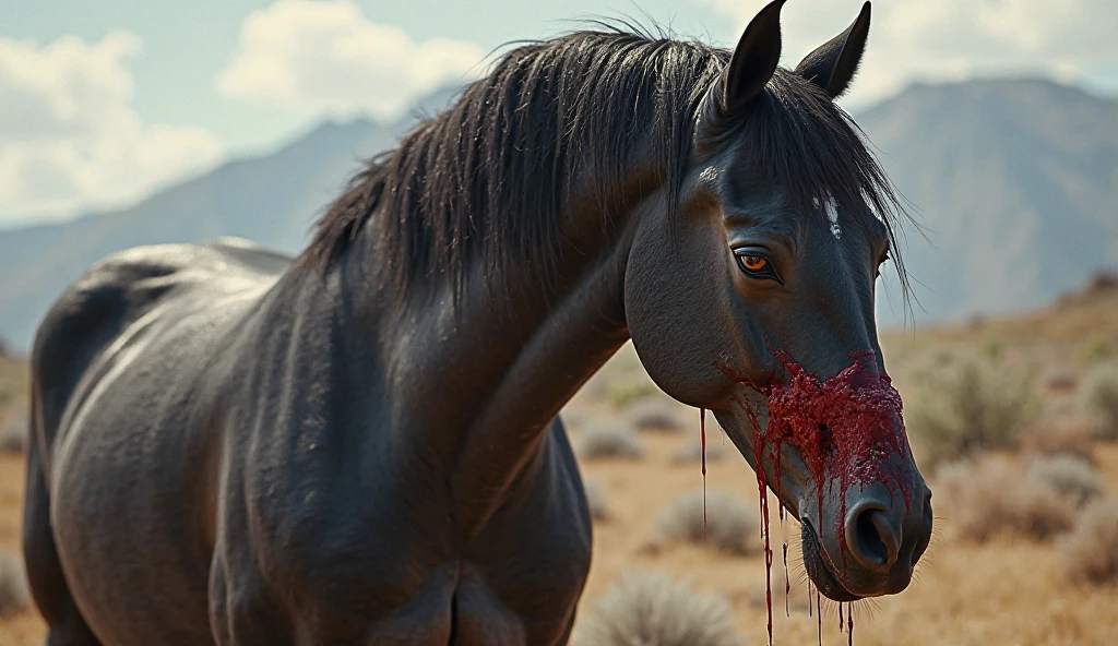 Horse eating raw horse meat