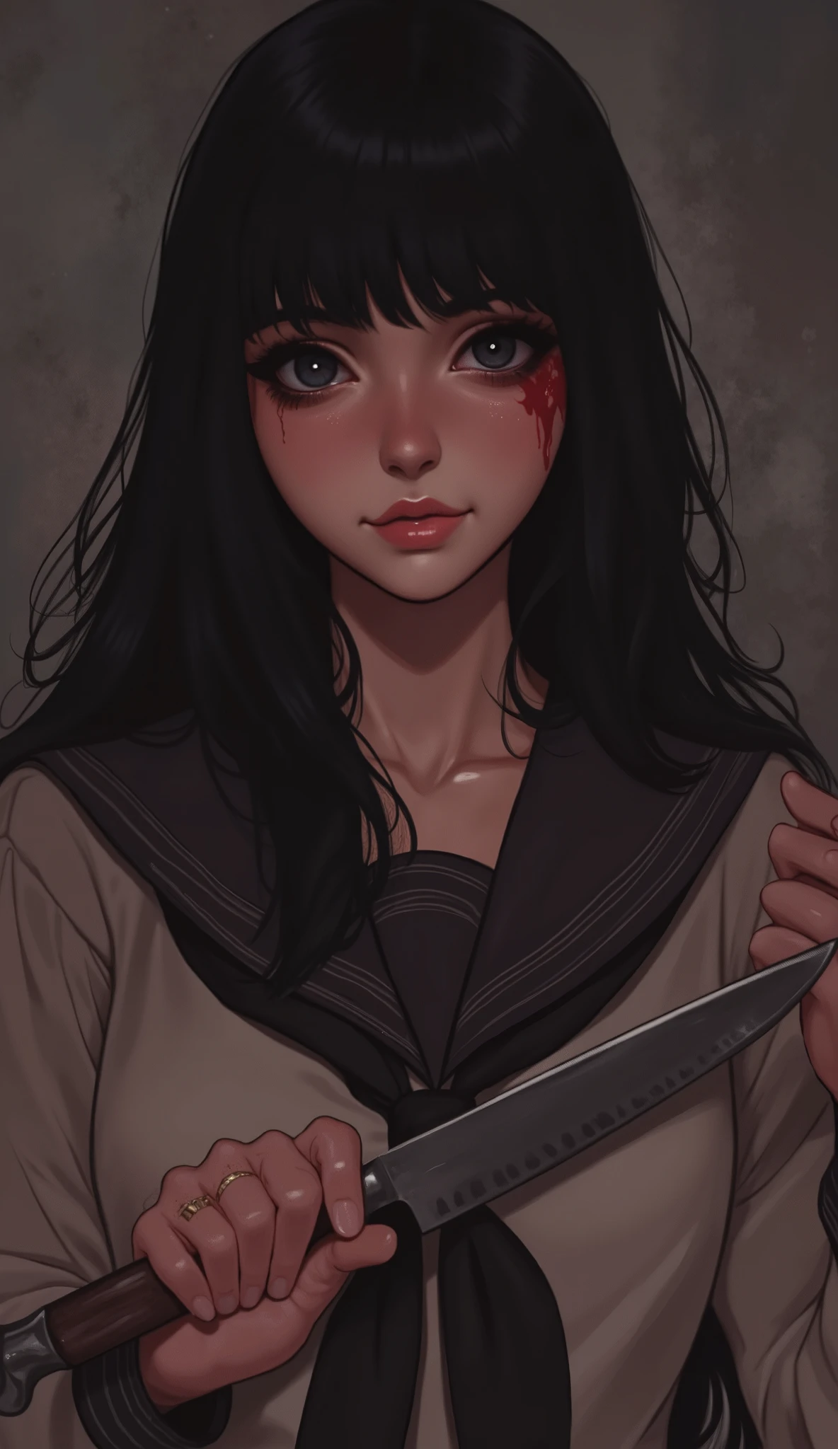 Create a girl in anime style, with long black hair, opaque black eyes, With blood coming out of the eyes, dark look, wearing a high school sailor uniform, holding a knife with one hand, looking at the observer, with a sadistic smile, scary