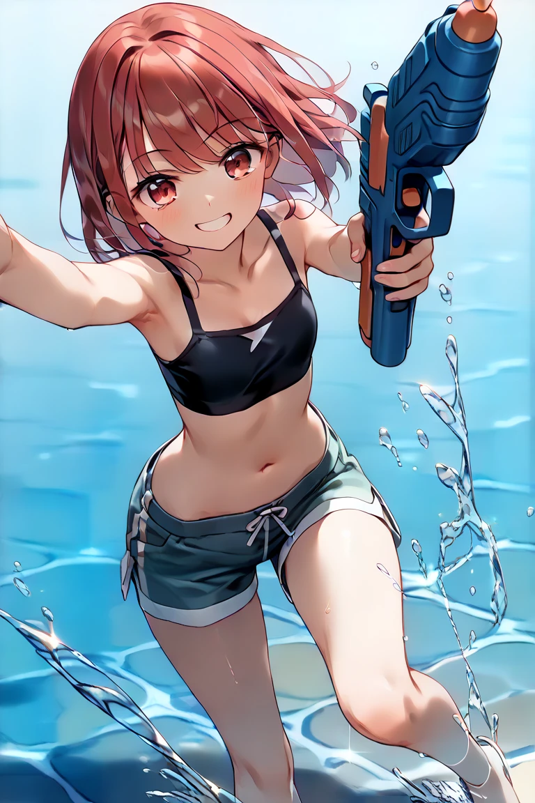 A future Earth where all land has been submerged,Sea.High resolution, Anime Style, A girl armed with a gun and a combat bikini.Seaで戦闘中, 女の子は未来のSeaで発射できる銃を持っている, A smile aiming at the prey,Giant shark,背景にSeaの中に完全に水没したビル群