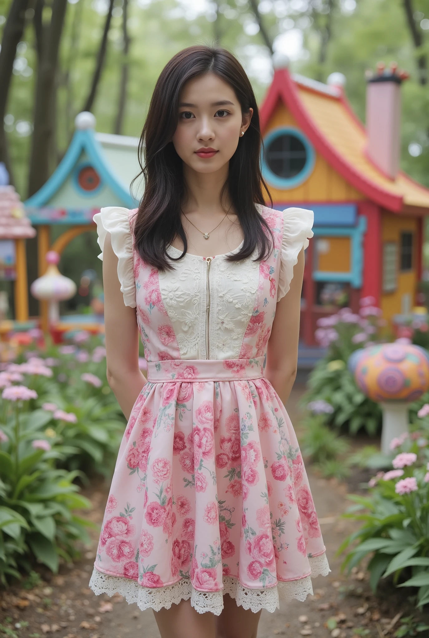 Create an image of a beautiful Japanese actress with fair skin stands gracefully in a whimsical, knee-length outfit. She has medium-length straight hair, exuding a sense of charm. The background features a colorful candy house nestled in a forest, surrounded by vibrant hues. The scene is illuminated with cinematic lighting, enhancing the magical atmosphere.