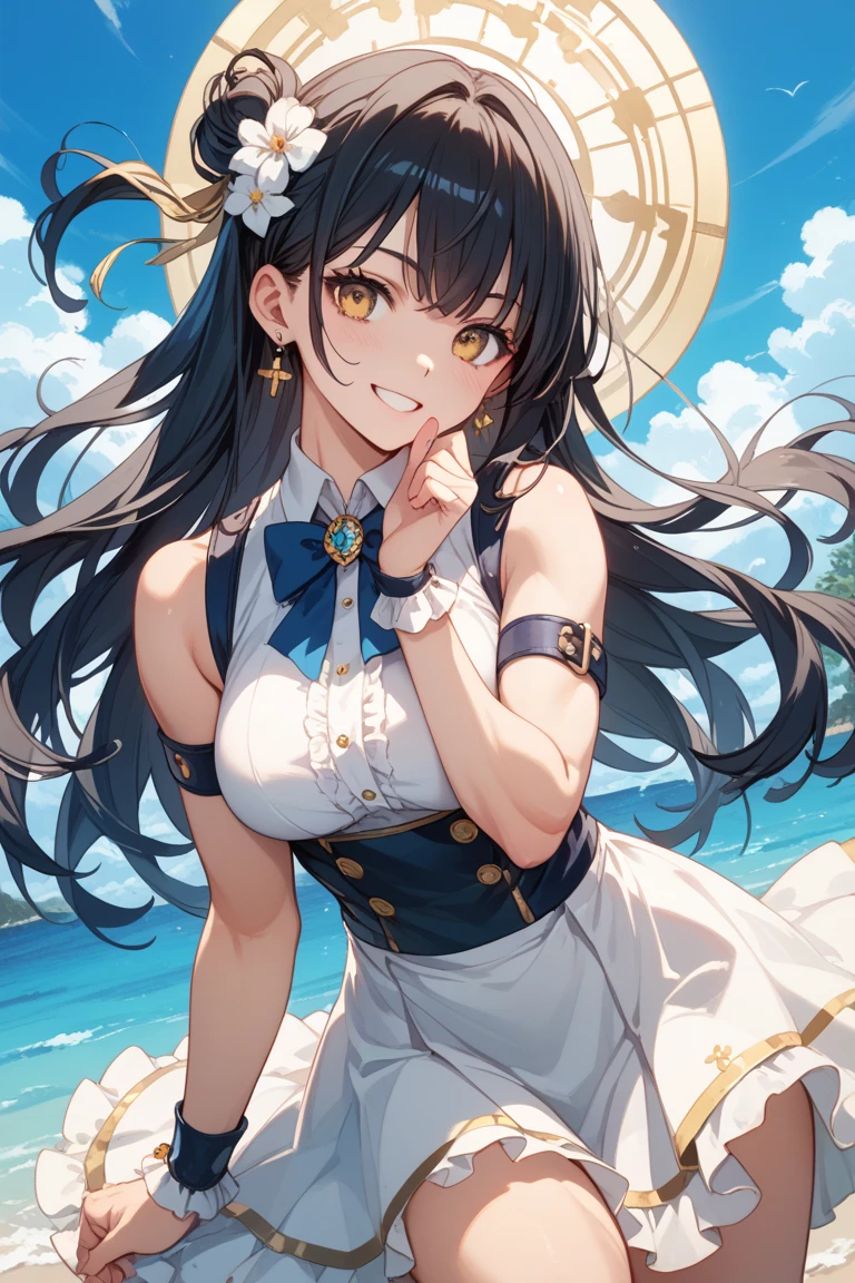Kamisonoda, Umi Sonoda, Long Hair, Blue Hair, (Yellow Eyes:1.5) (Flat Chest:1.2),White hat,happy smile, smile, Open your mouth,blush,Blue sleeveless dress,Bare arms、Blue long skirt,Cute Sandals,Daytime,Clear skies,whole bodyがイラストに入るように,
break looking at viewer,whole body,
break outdoors, In town,Building district,Coastal Road,
break (masterpiece:1.2), highest quality, High resolution, unity 8k wallpaper, (figure:0.8), (Beautiful fine details:1.6), Highly detailed face, Perfect lighting, Highly detailed CG, (Perfect hands, Perfect Anatomy),