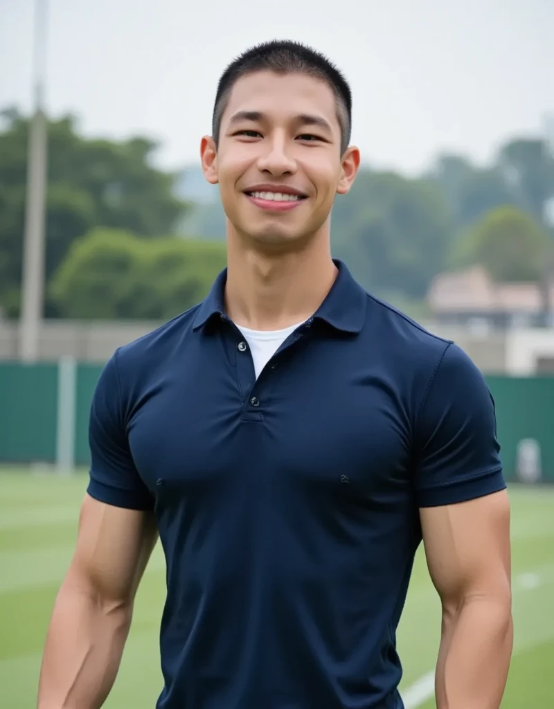 Tony Labrusca, (As a matter of fact, Masterpiece, 8k HD, good light quality, sportswear, fit the face, complicated details), A handsome, muscular young Korean man. , 20 years old, be happy, smile brightly, detailed face, delicate eyes, มองดูsky, Wear a navy tight T-shirt.:1.6, period, black eyes, Black hair color, ผมsmooth, smooth, outdoor sports, Along the garden, Sunny,sky，Surreal，Awesome details，Highest quality，real，Open your mouth to talk. , Close your eyes.