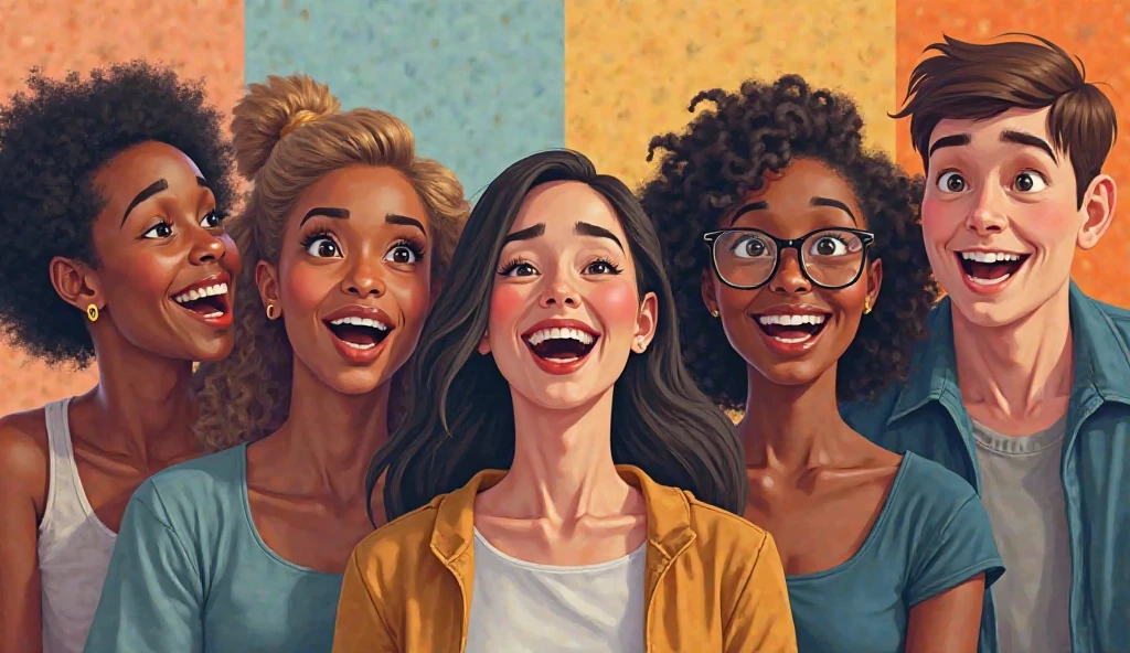 Make me a caricature of five women in their 20s waving, the first one with shoulder length blonde hair with dark brown eyes, the second long wavy brown hair and dark brown eyes, the third shoulder length wavy brown hair with light brown eyes, The fourth one is shorter than the previous ones with big, light brown eyes., long brown straight hair; the last one with wavy black hair, Dark brown eyes and white skin