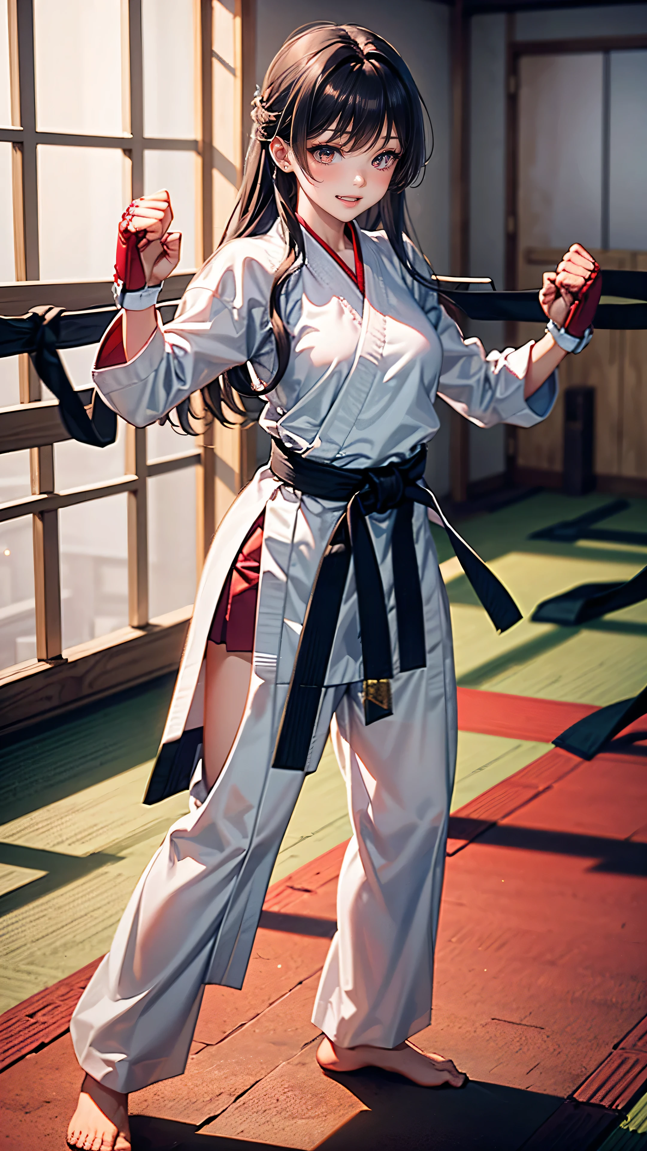 Highest quality, 8K, highest quality, ((high school girl with crimson eyes)), ((Crimson eyes)), ((sparkling and delicate eyes)), ((very accurate eyes)), (long hair that looks like a mix of platinum and purple), princess cut, ((transparent and shining white skin)), shiny skin, very white skin, ((very small breasts)), karate uniform, ( karate:1.2),( fighting:1.2), Tatami match venue,
(struggle with girl:1.2), standing, move, (battle:1.1), indoor gym, ((anatomically correct depiction)), smile, very beautiful.