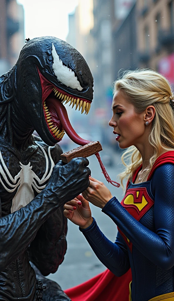 An intricate venom villian eating Harley Quinn's body, head first, , extremely detailed suit, micro-details, photorealism, one light, dark photo, deep shadows, shallow depth of field, photorealistic, Surrealism, high quality, masterpiece, 8k, 8k, super detail, full body portrait, extremely muscular, black slime, sticky goo