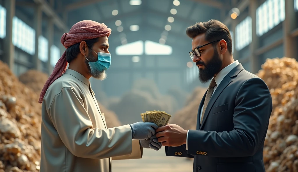 Generate a picture of two men wearing shalwar qames waiting in ATM for his salary. Tariq khan and khalid khan must be written in ATM wall