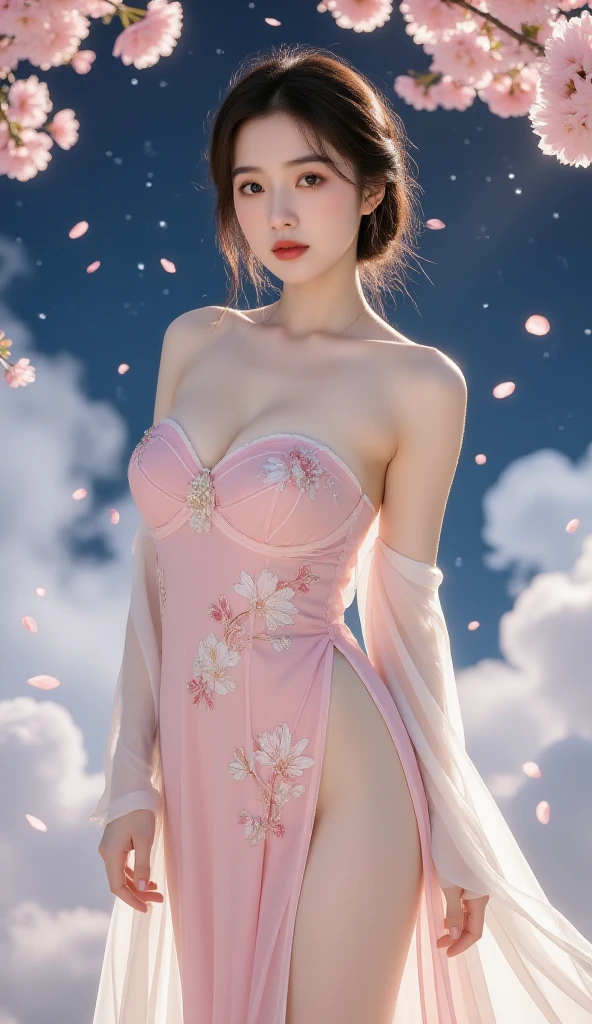 (8k, RAW photo:1.2), best quality, ultra high res,dramatic angle,(fluttered detailed color splashs), (illustration),(((1 girl))),(long hair),(rain:0.9), (Headdress:1.4),There is an ancient palace beside the girl,Hanfu,(Key Points),Color ink painting,(Splash of Color),Splash of Color,(((colorful))),(sketch:0.8) , Masterpiece, best quality, beautiful painted, highly detailed,(denoising:0.6),[splash ink],((ink refraction)), (beautiful detailed sky),moon,highly,detaild,(masterpiece, best quality, extremely detailed） CG Unity 8k Wallpaper，masterpiece，best quality，Ultra Detailed），（Lycoris）.shoulder ballet dress open V-chested clothes Thin silk lace dress short skirt , (huge ，cleavage),, white pink, blue ，best qualtiy，tmasterpiece，Ultra-high resolution，（Reality：1.4），RAW photogr，（True skin texture：1.3），（filmgrain：1.3），（Selfie angle），1个Giant Breast Girl，Beautiful eye and face details，tmasterpiece，Best quality at best，，The chest more exposed， detailed hair, bra pink purple , detail 8k, full body, lace petticoat, fan handle