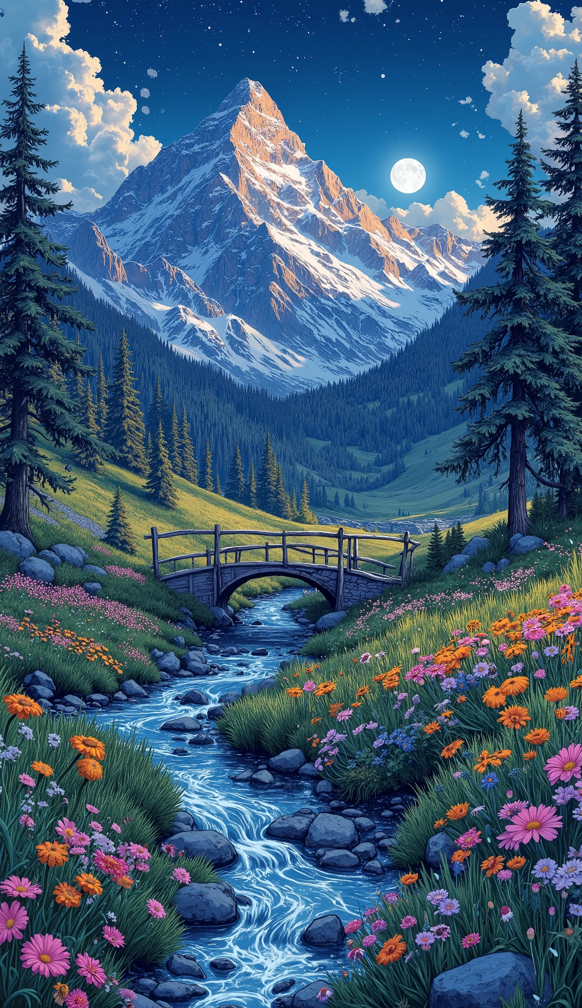 Painting of a mountain scene with a stream and a bridge - SeaArt AI