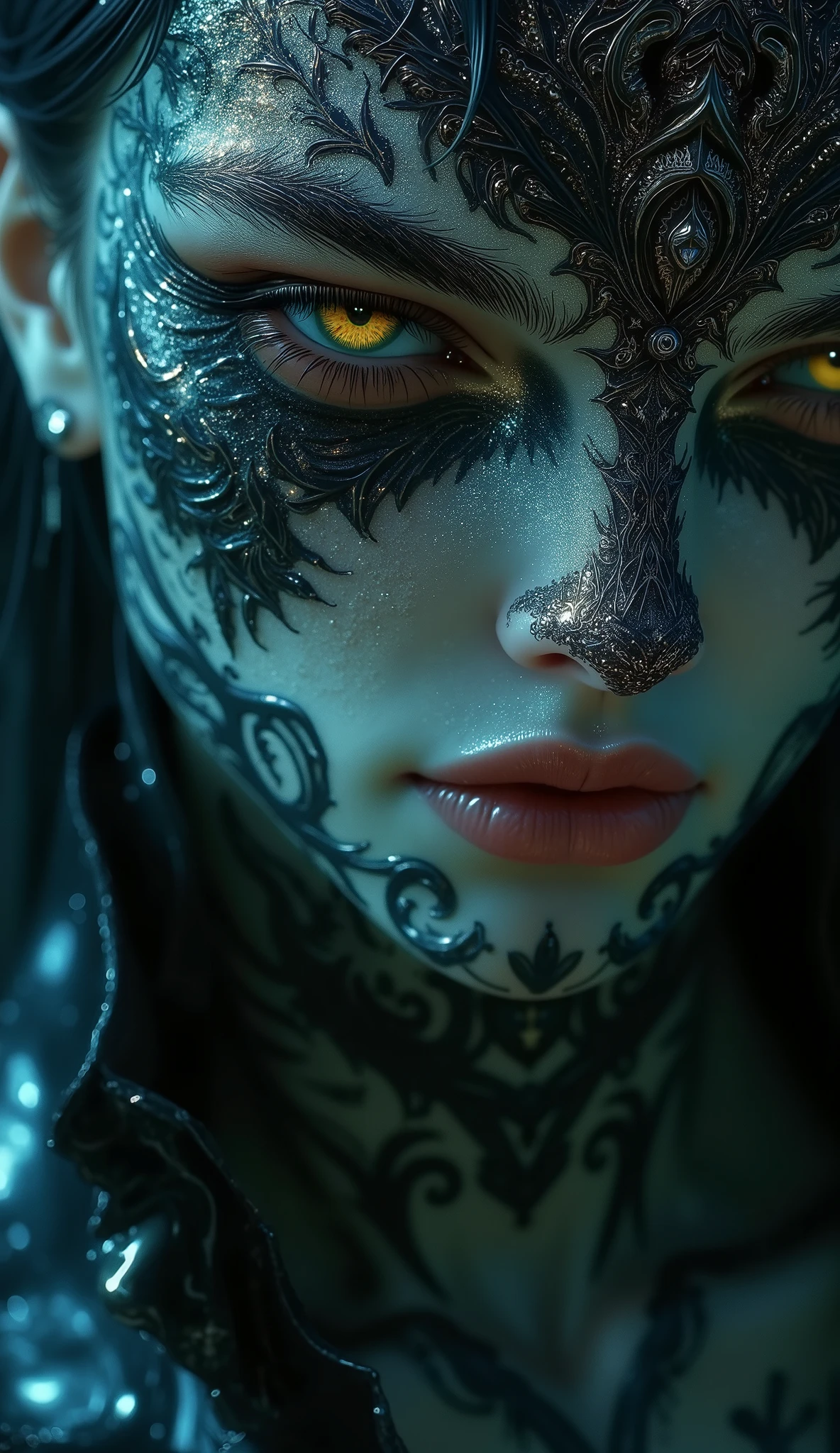promt: (highly detailed:1.2),(best quality:1.2),8k,sharp focus,(subsurface scattering:1.1),(nsfw:1.1), (award winning photograph:1.2),1girl, (many many detailed black tattoos on face:1.2), by emb-rrf-low,(many many thick black dark tattoos on body nose and eyes:1.2),(close shot:1.2), (separation of face segments:1.1), (deep seams on face and body:1.2) (beautiful cyborg with scifi laser gun:1.3), (shooting lasers at enemy robots:1.3), (dynamic action pose:1.2), neon glow under the skin (very detailed clothes:1.2), (highly detailed background:1.3), RPG, Elden Ring, (scifi:1.2), (hyperrealistic:1.2), dramatic lighting,artstation, artgerm, greg rutkowski, alphonse mucha, trending on artstation, trending on deviantart, wlop

Negative prompt: (bad_prompt_version2:0.8), bad-artist, bad-hands-5, ugly, duplicate, censored, morbid, mutiliated, extra digits, bad hands, mutiliated hands, poorly drawn face, 