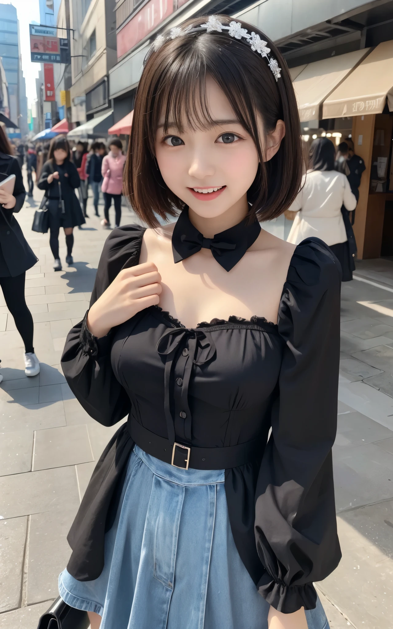 ((top quality)), ((masterpiece)), realistic images、other than the front、Very bright expression、big smiles、Japanese Girl、 realistic image of the eye area 、Petite、 ish expression、、10age、medium bob hair、 black hair、 Slim、ddler body、Breasts haven't developed、The chest does not expand、my chest isn't bulging、toler body、 Slim、Slimming、My bust isn't swollen、 ish expression、Real Face、Petite、gothic lolita fashion clothes、 Long Sleeve、The bust doesn't swell、My bust isn't swollen、Does not emphasize the bust、thin body、walking、In the bustling city、Bustling shopping street、,とても嬉しそうにwalking、I'm laughing with my mouth open、is sticking out its tongue、
