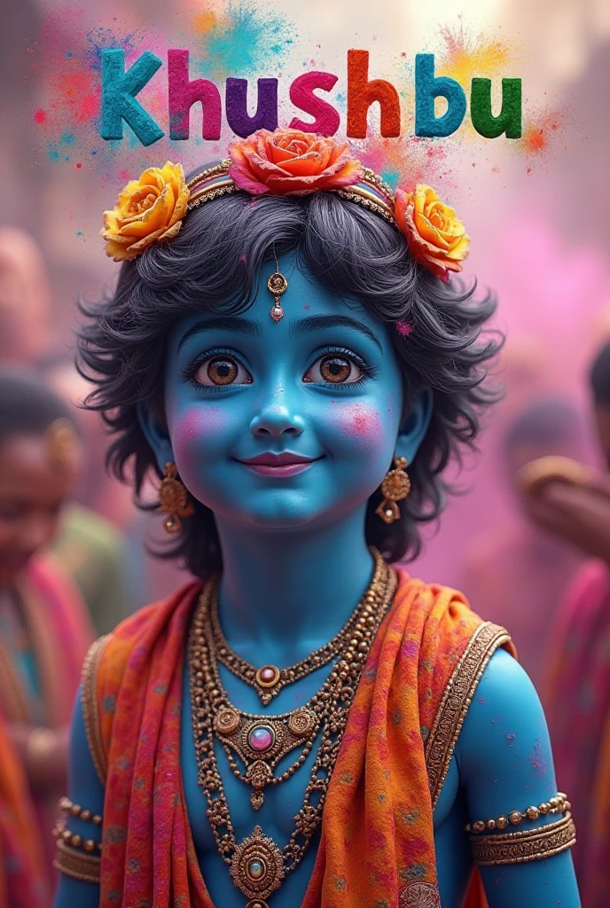 **Prompt:**
"Create an ultra-realistic image of Lord Krishna, standing front-facing amidst the vibrant celebration of Holi. Krishna should have a dark complexion with a soft, glowing texture, capturing the depth and richness of his skin tone. His small, expressive eyes should reflect a serene yet playful demeanor, with a subtle smile on his lips. He is adorned with a fresh flower garland draped elegantly around his neck, and a peacock feather perched gracefully on his head, slightly fluttering in the breeze.
The scene should be alive with vibrant colors, as gopis surround Krishna, joyfully throwing bright powders into the air and at each other. The powders should be captured mid-flight, creating a dynamic explosion of color around Krishna, with particles of red, yellow, blue, and green swirling in the air. Despite the riot of colors, Krishna should remain the calm center of the composition, his divine presence shining through the festive exuberance.
The gopis should be depicted with intricate details in their traditional attire, with their clothes and faces smeared with colors, reflecting the joy and energy of the Holi festival. Their expressions should be full of happiness and devotion, with some looking adoringly at Krishna.
The background should be filled with blurred figures and the vibrant hues of Holi, enhancing the depth and liveliness of the scene. The lighting should be natural and soft, with the sunlight filtering through the colors, casting gentle highlights on Krishna's face and garland, creating a divine aura around him.
Ensure that every element, from the textures of Krishna’s skin and garments to the detailed expressions of the gopis, is captured with hyper-realistic precision, making the scene feel both divine and grounded in reality."
**Settings & Keywords:**
- **Style:** Hyper-realistic, Photorealistic
- **Lighting:** Natural, Soft, Radiant, Gentle highlights
- **Textures:** High-detail, Smooth skin, Intricate fabric and flower details, S